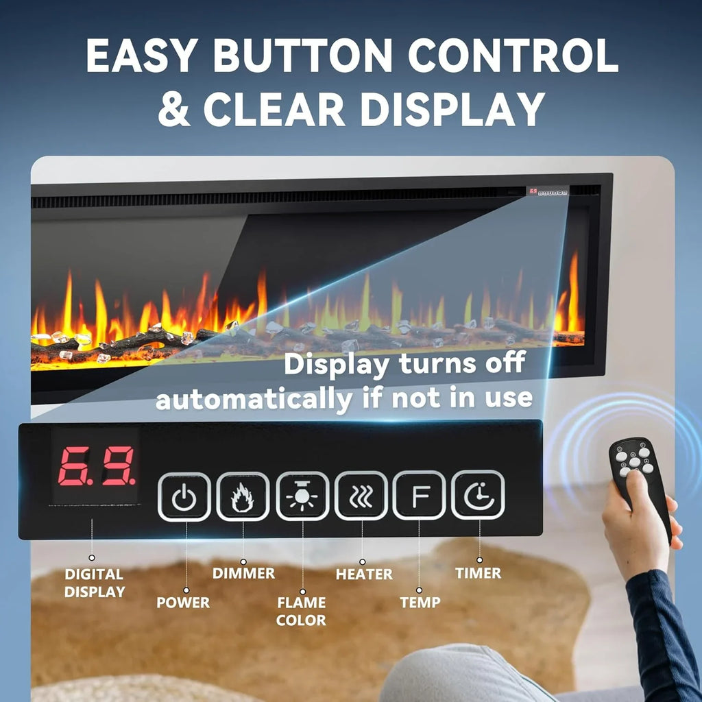 EUHOMY Cheminée électrique encastrée et murale de 50 pouces avec couleur de flamme réglable, chauffage de cheminée avec télécommande, cheminée linéaire avec minuterie, écran tactile, bûche et cristal, 750/1500 W