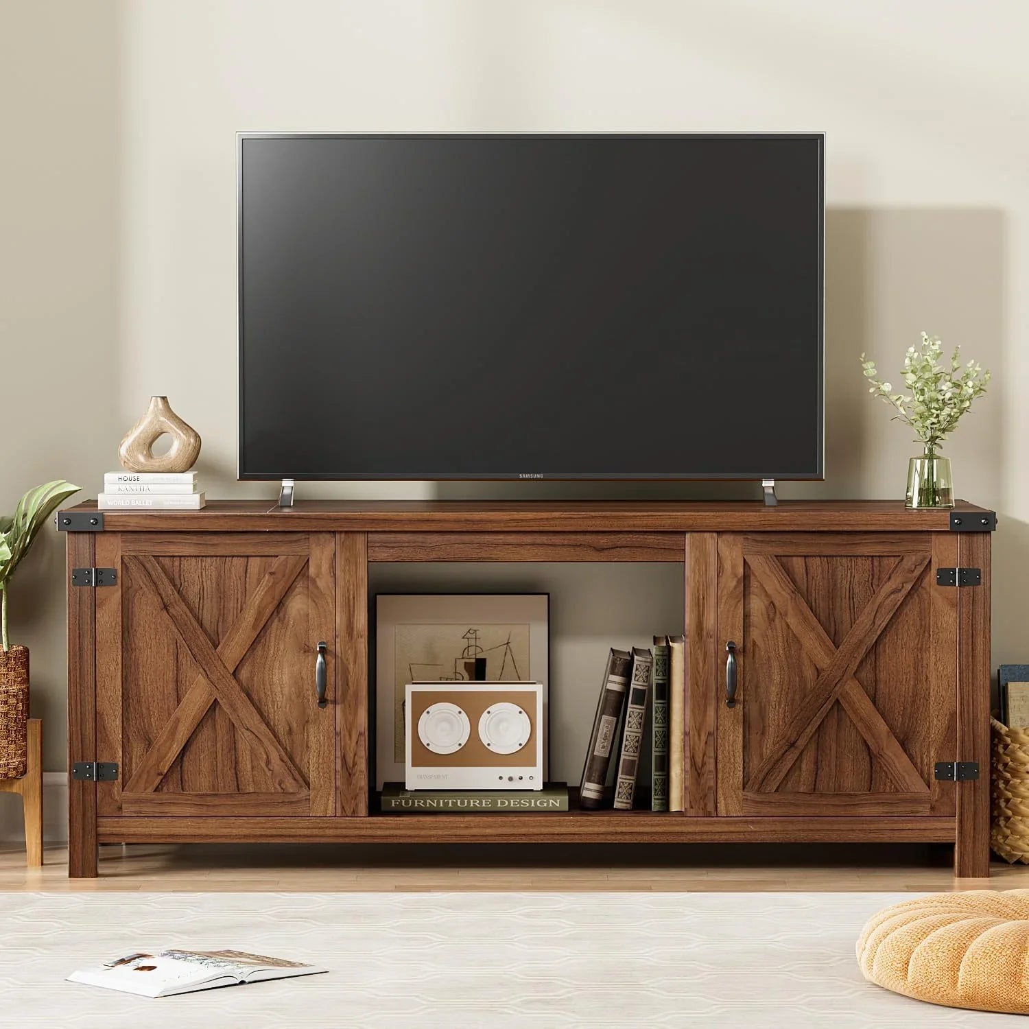 YESHOMY Meuble TV avec cheminée et deux portes de grange, armoires de rangement pour téléviseurs jusqu'à 65 pouces et plus, console de divertissement, meuble multimédia pour salon, 58 pouces