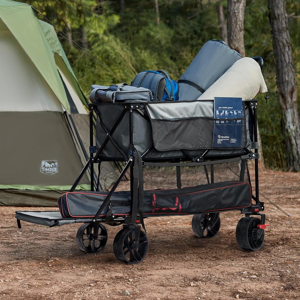 Chariot pliable à deux étages de grande capacité de 400 L avec freins, chariot extra-long de 54 pouces, chariot pliable robuste de 450 livres