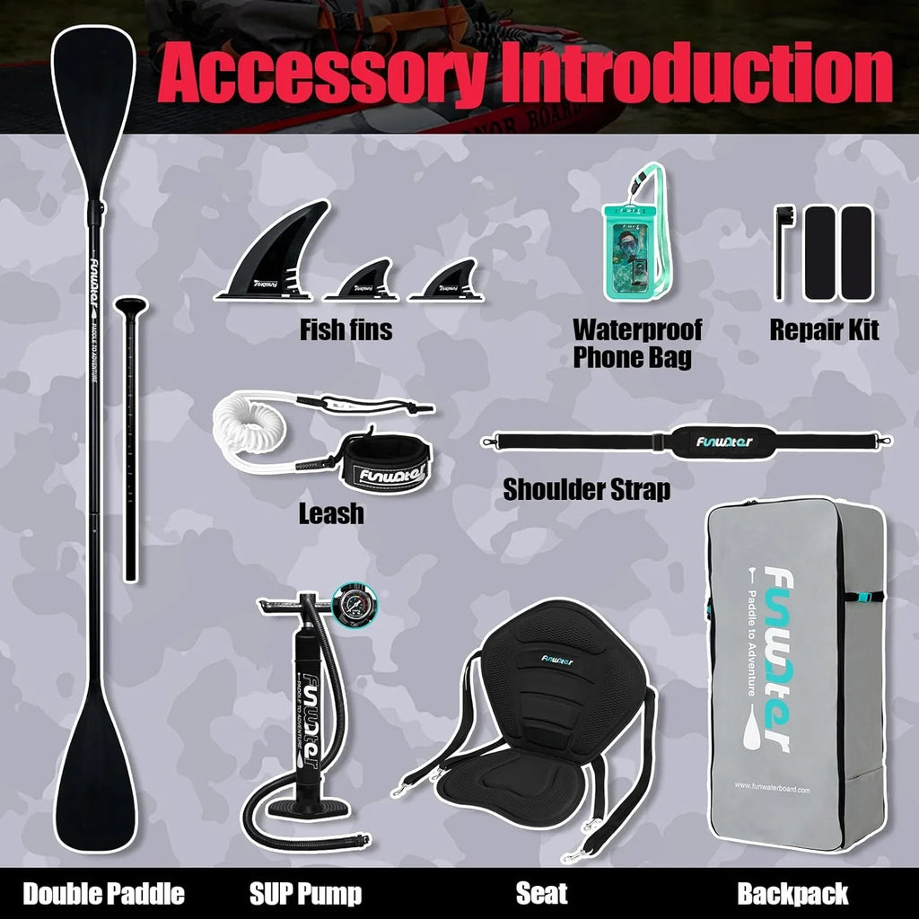 Planche de stand up paddle gonflable FunWater avec accessoires de pagaie SUP haut de gamme, pont EVA antidérapant, pagaie 11'/10'6'