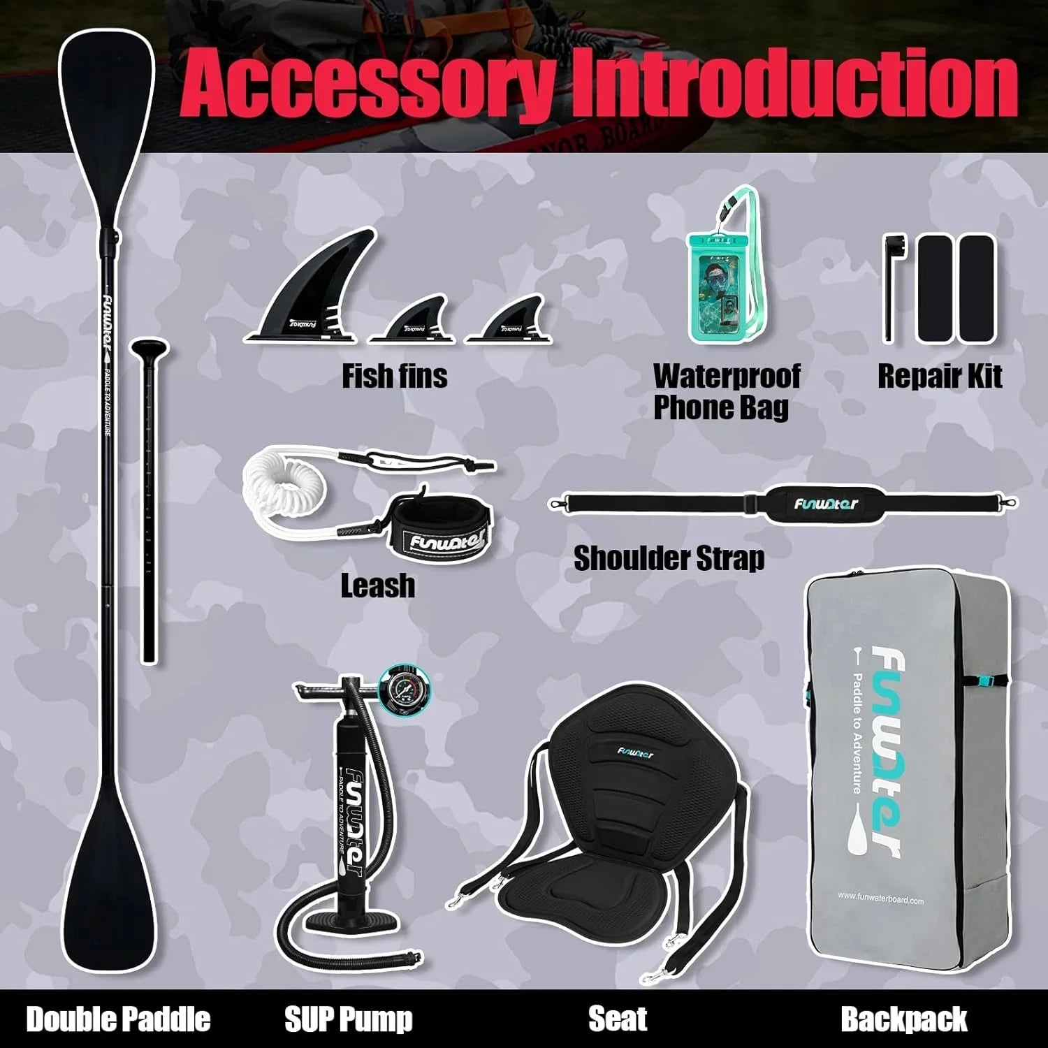 Planche de stand up paddle gonflable FunWater avec accessoires de pagaie SUP haut de gamme, pont EVA antidérapant, pagaie 11'/10'6'