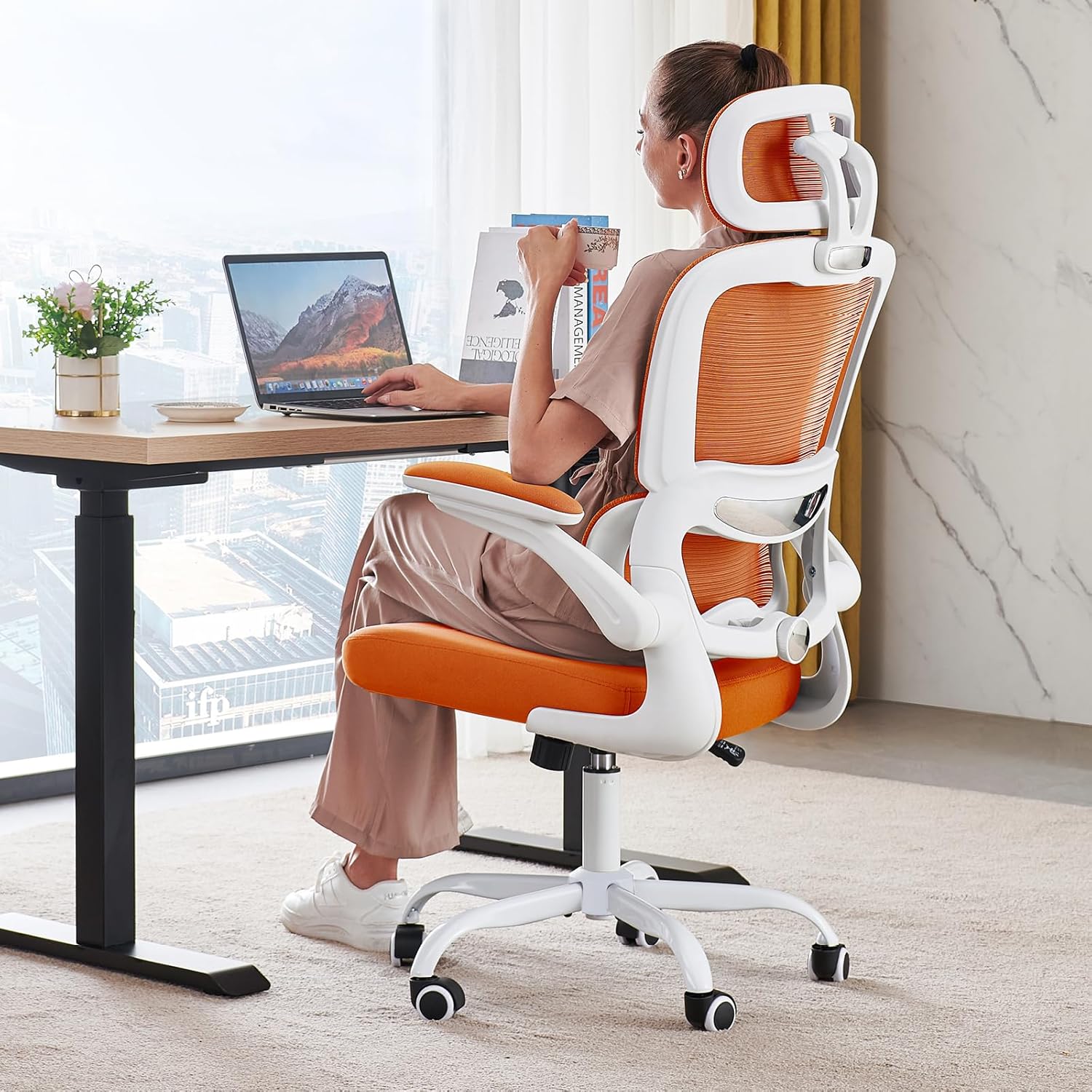 Chaise de bureau ergonomique, chaise de bureau en maille avec roulettes, capacité de charge de 150 kg, chaise de jeu confortable, dossier haut