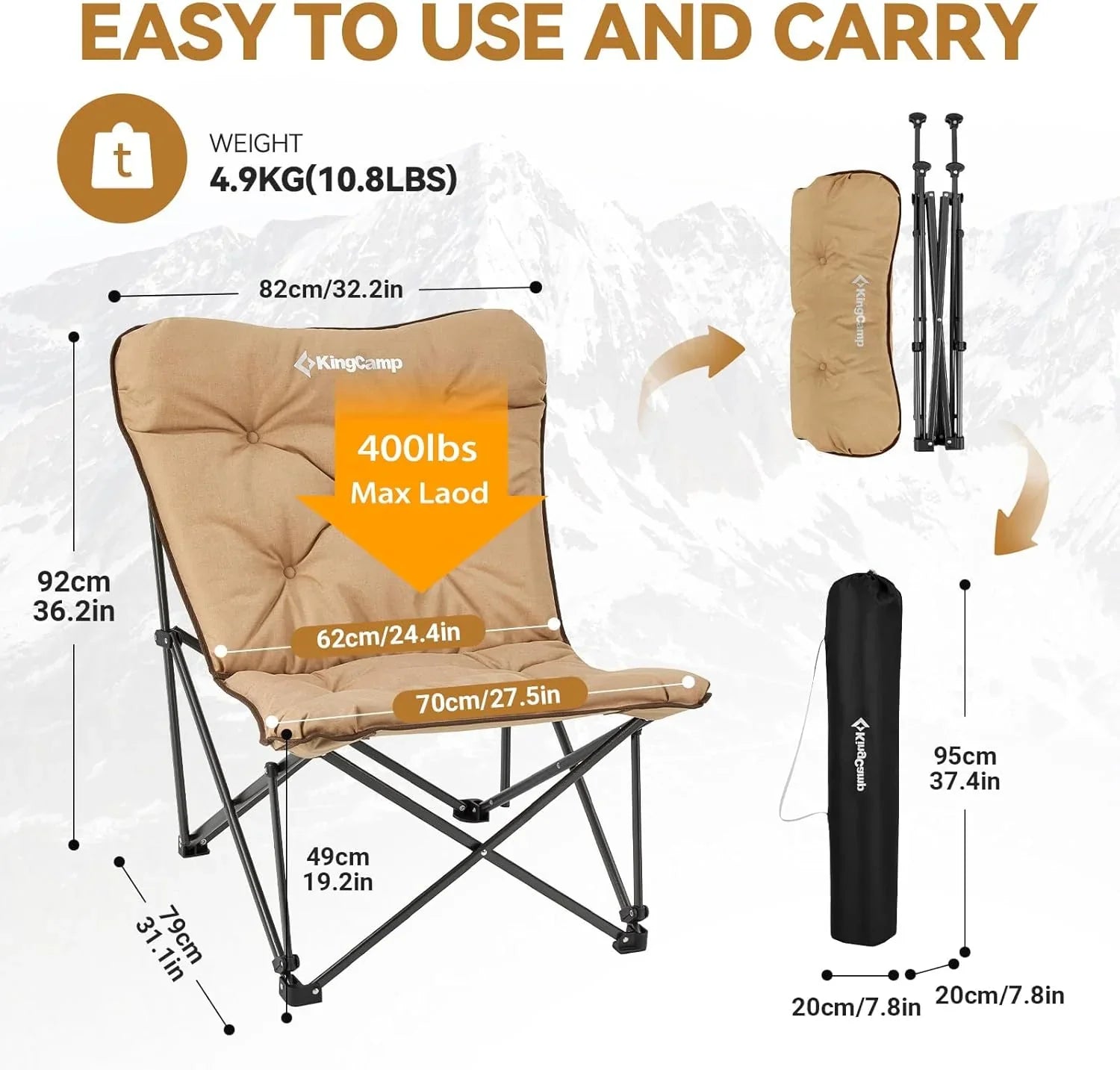 Chaise papillon, chaise de camping extra large, épaisse et confortable, chaise pliante portable, siège robuste de 400 lb