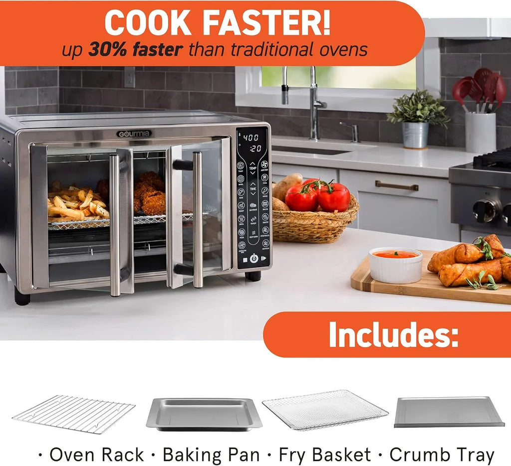 Friteuse à air combinée Gourmia avec 17 préréglages de cuisson, capacité de 24 L, grille de convection et plaque de cuisson