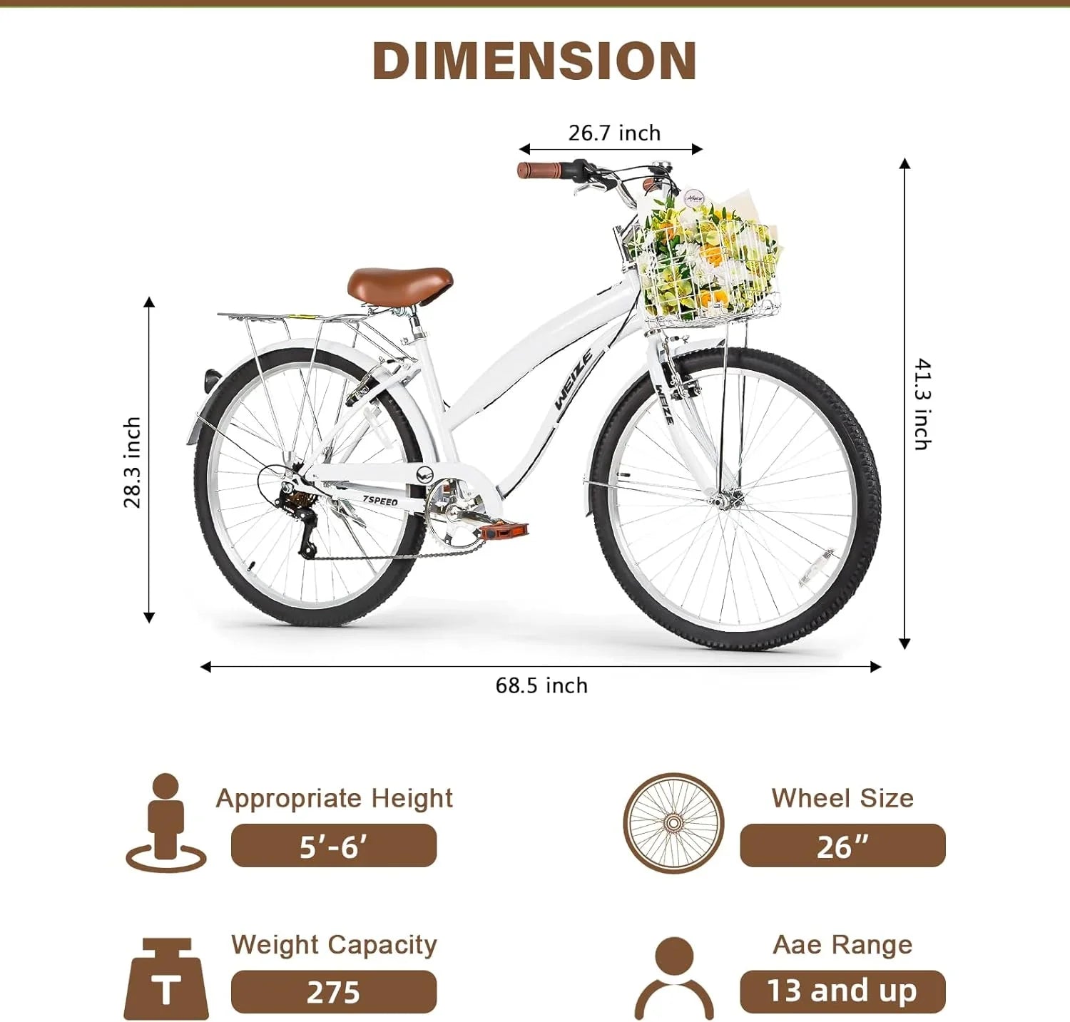 Vélo de plage WEIZE, vélo de ville adulte 26 pouces pour hommes et femmes, 7 vitesses, acier à haute teneur en carbone, garde-boue avant et arrière, vélo de ville confortable