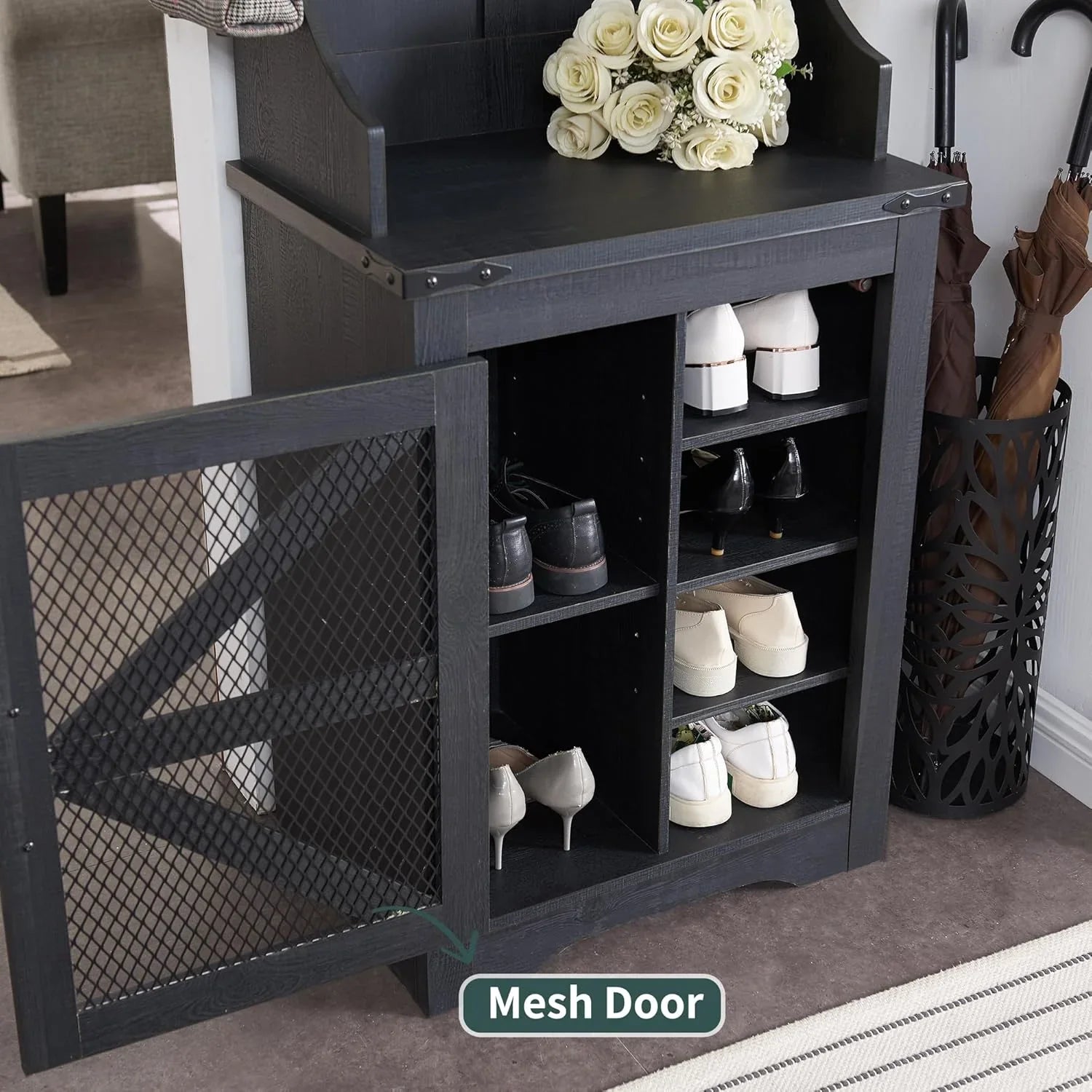 JXQTLINGMU Arbre de foyer de ferme de 59 pouces avec rangement pour chaussures, banc d'entrée, porte-manteau, armoire