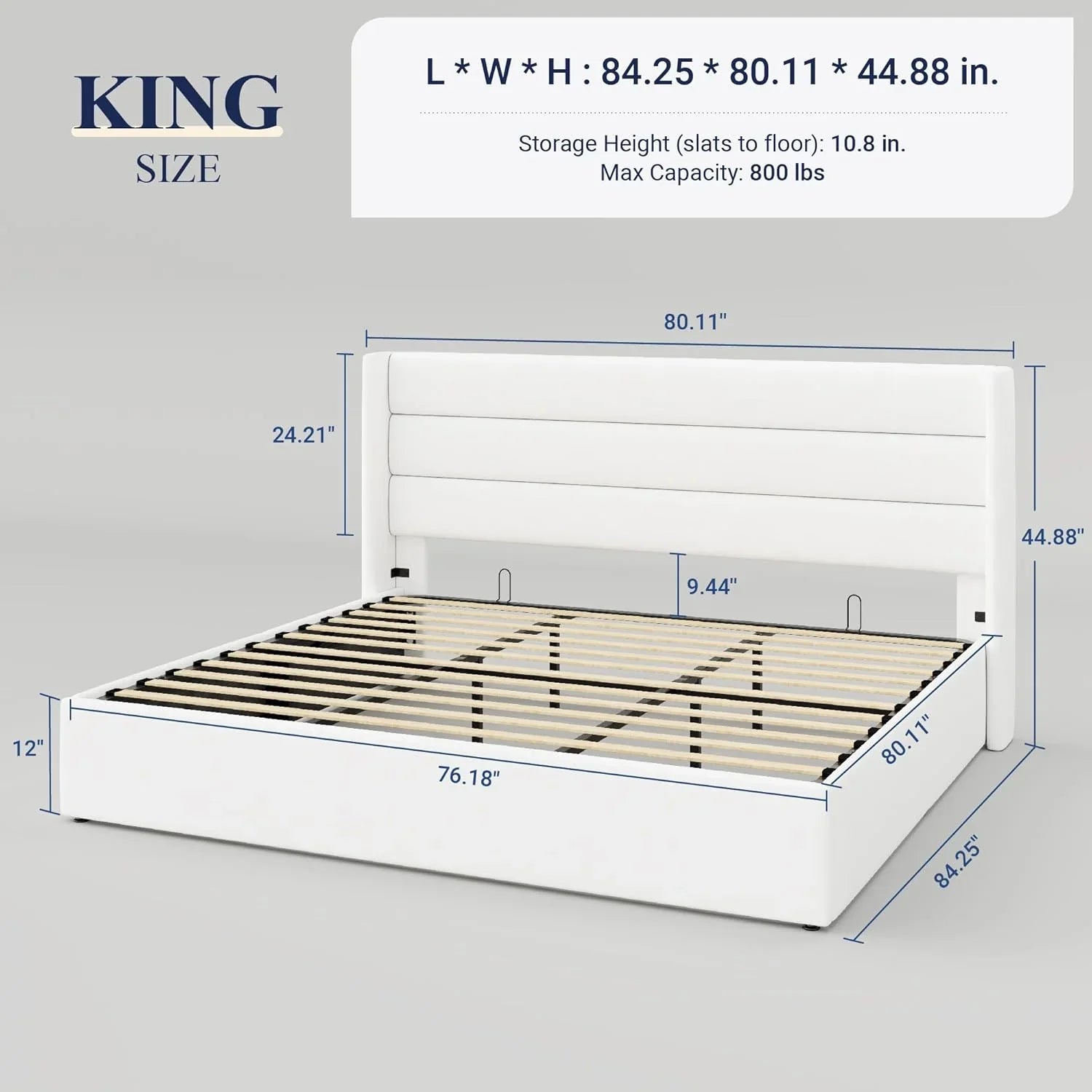 Lit queen-size relevable avec rangement Allewie, tête de lit à oreilles moderne et support hydraulique