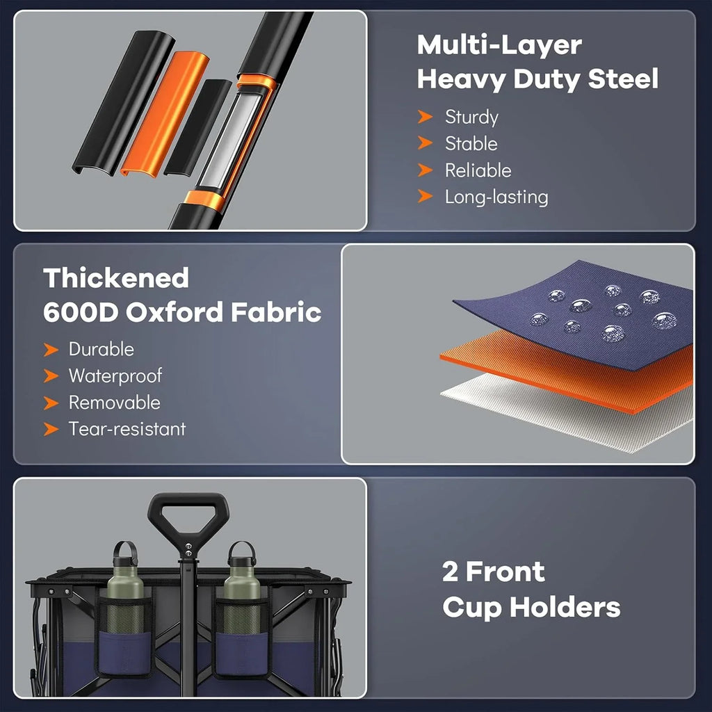 Poussette pliable à quatre roues de 96 cm de long, pliable, capacité de 200 kg, poussette de plage pliable robuste de 220 litres avec de grands pneus tout-terrain