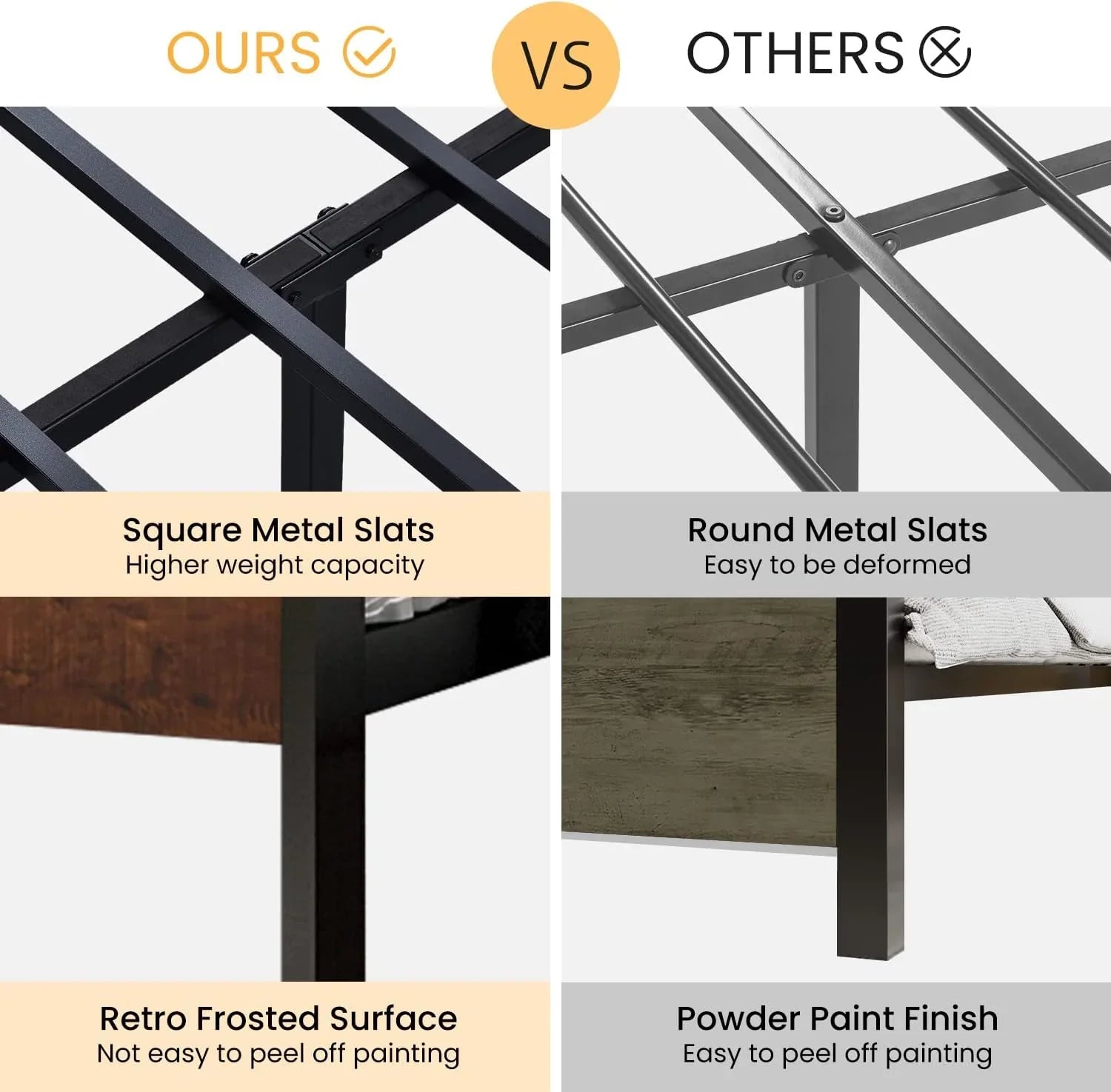 Cadre de lit plateforme en métal Sha Cerlin 14 pouces, antidérapant et silencieux, acajou