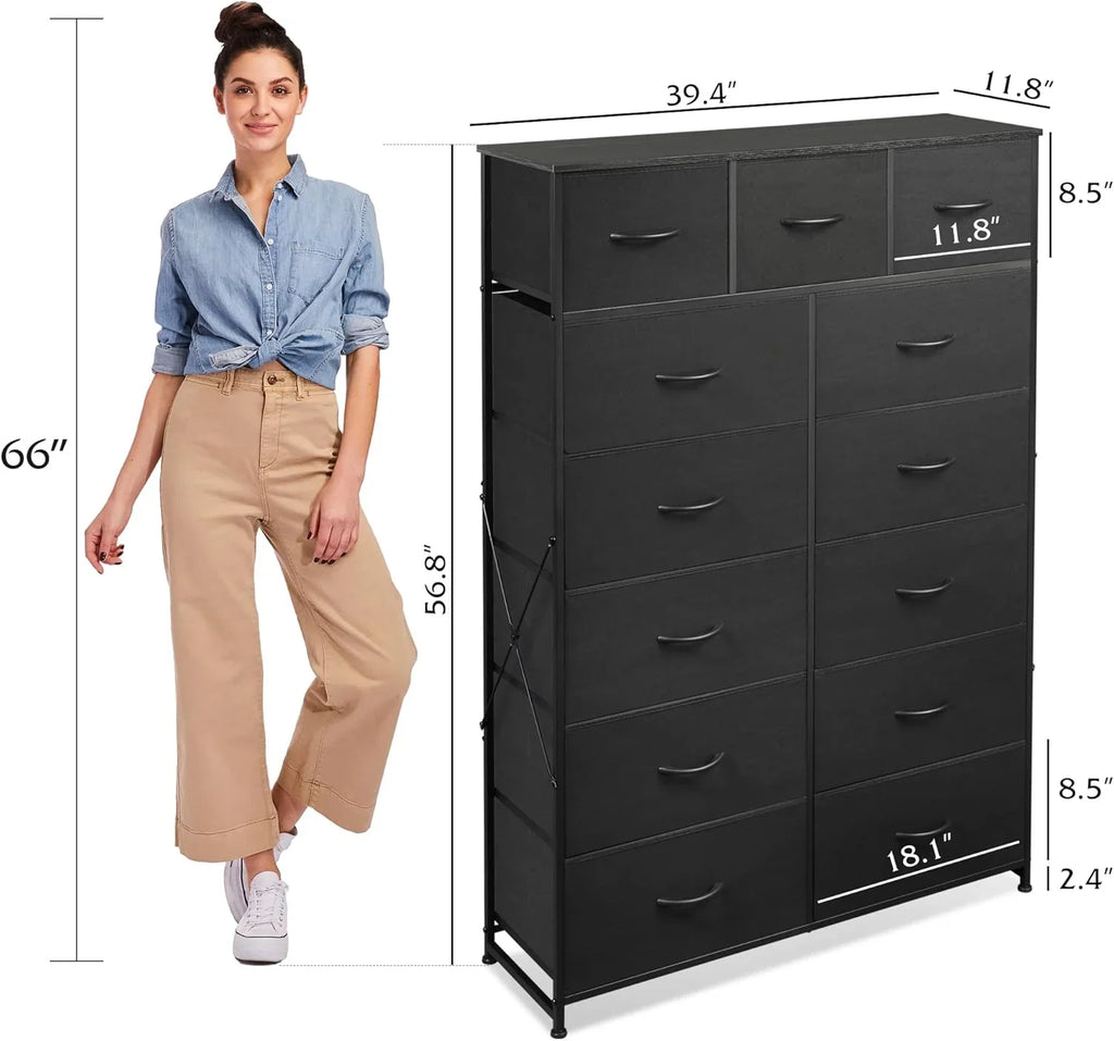 Meuble de rangement WLIVE avec 13 bacs en tissu, tiroirs de rangement avec cadre en acier, grande tour de rangement pour salon, couloir, bureau, noir anthracite
