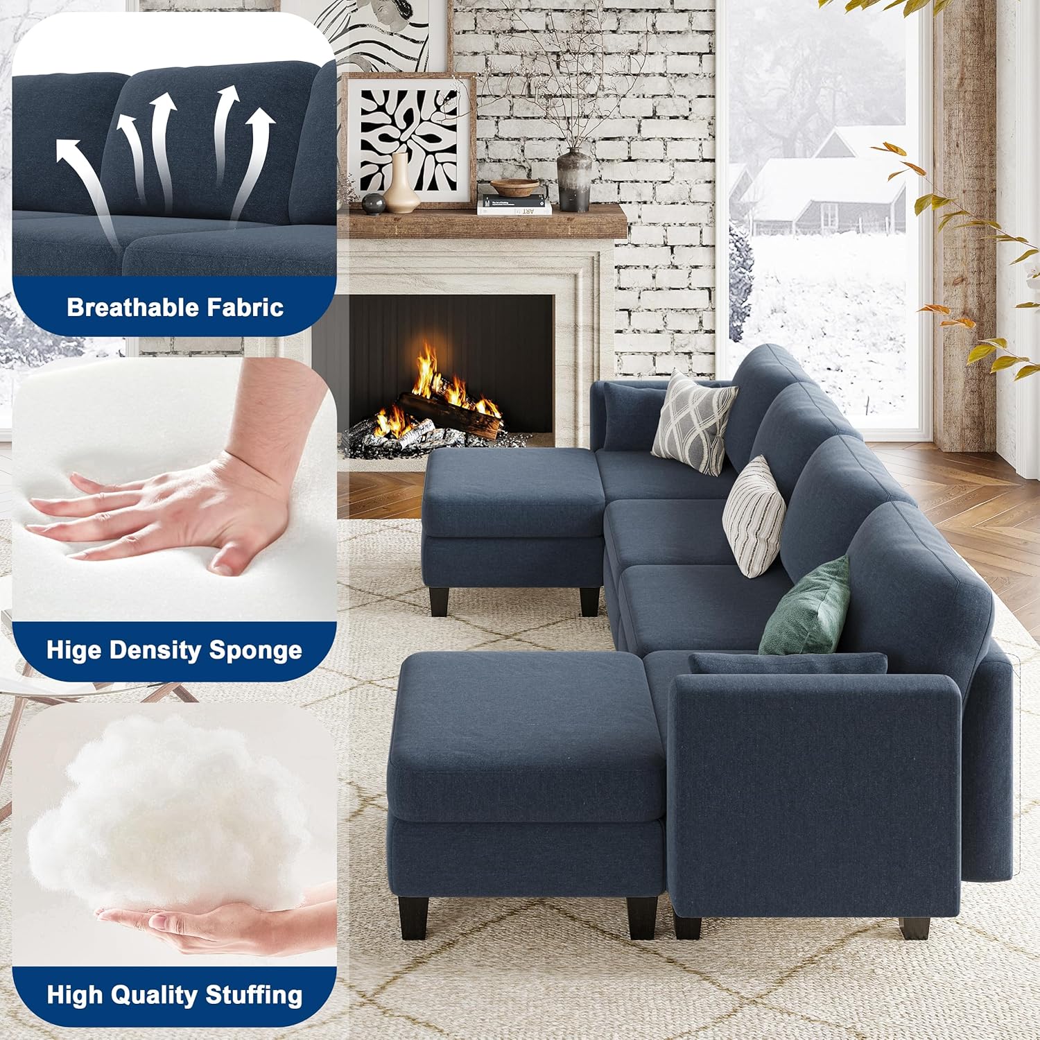 Canapé sectionnel modulable, canapé convertible en U, mousse à mémoire de forme haute densité, canapé sectionnel confortable 6 places