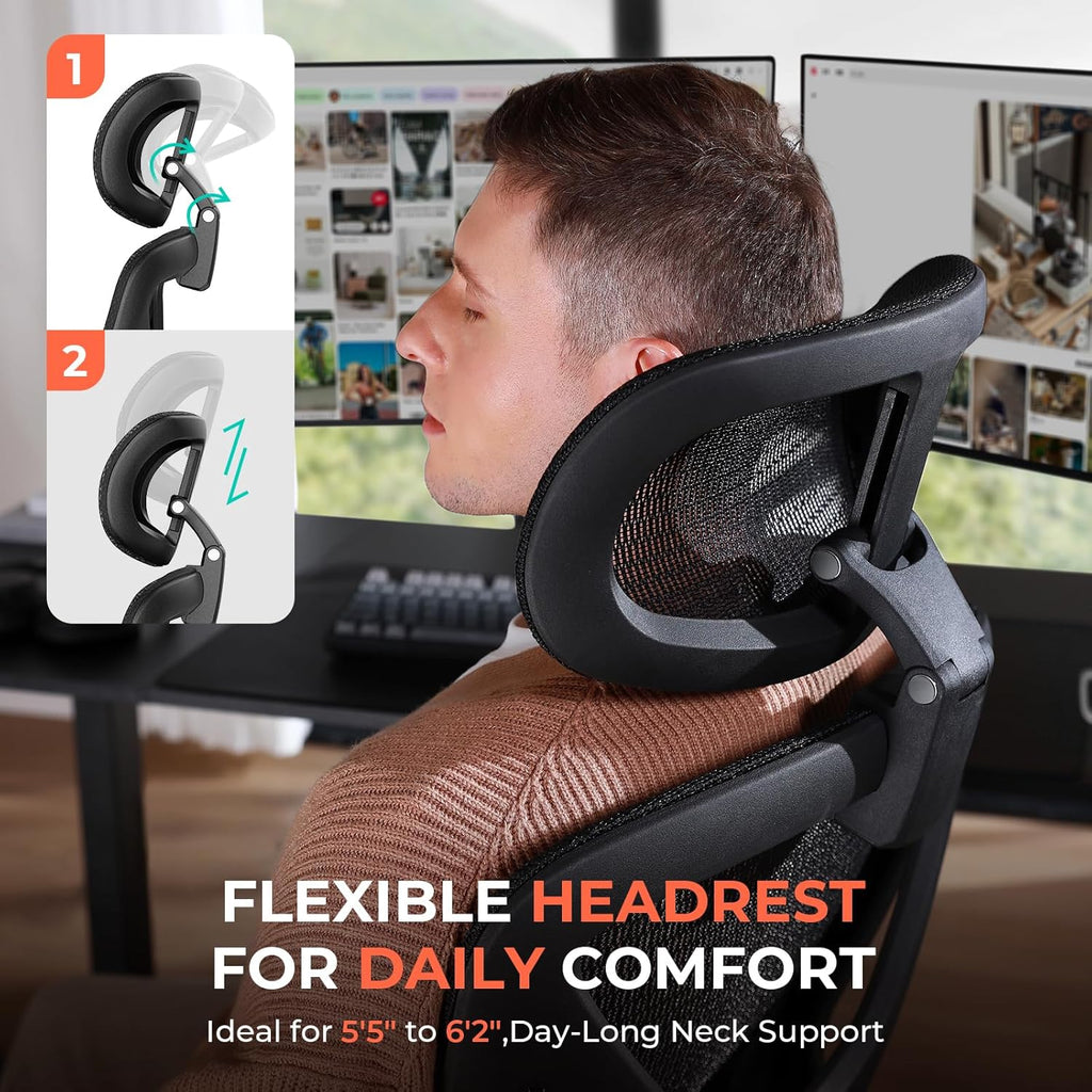 Chaise de bureau ergonomique en maille avec dossier haut réglable lombaire, capacité de charge de 400 lb