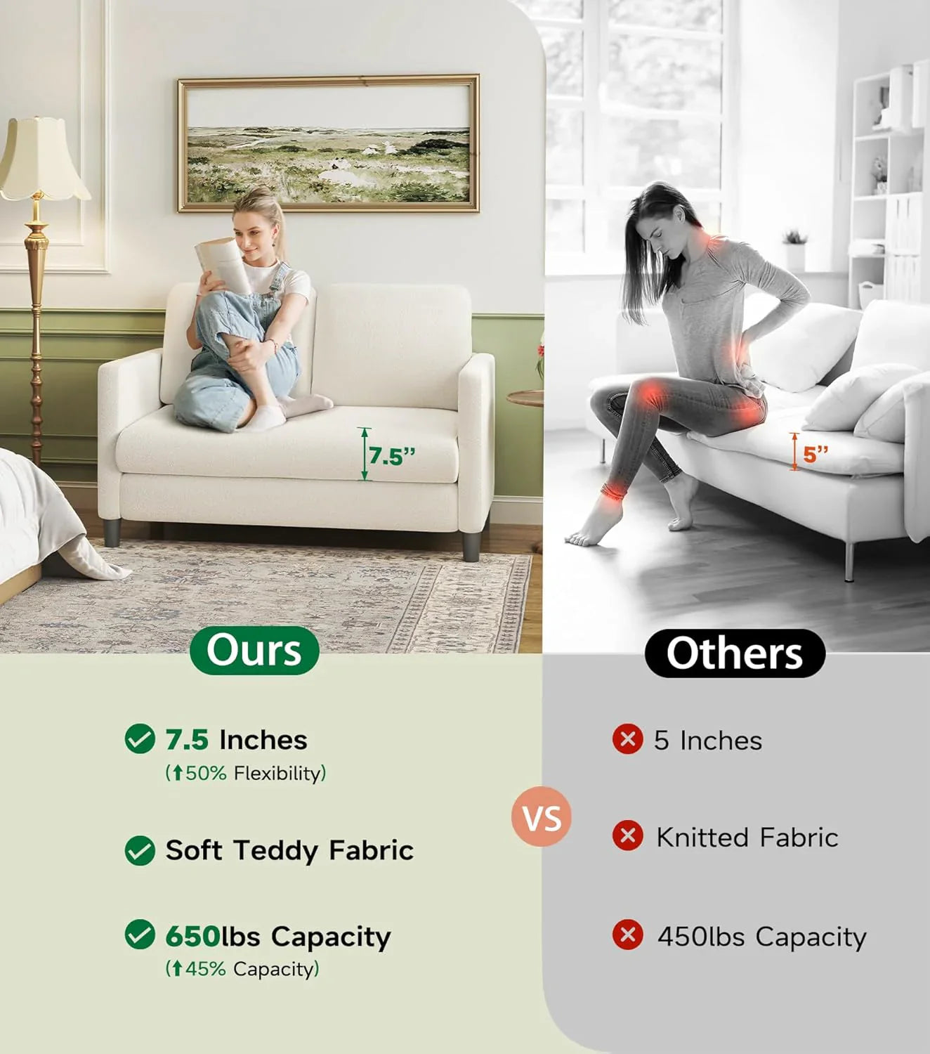 Causeuse de 51 pouces, causeuse confortable en velours côtelé