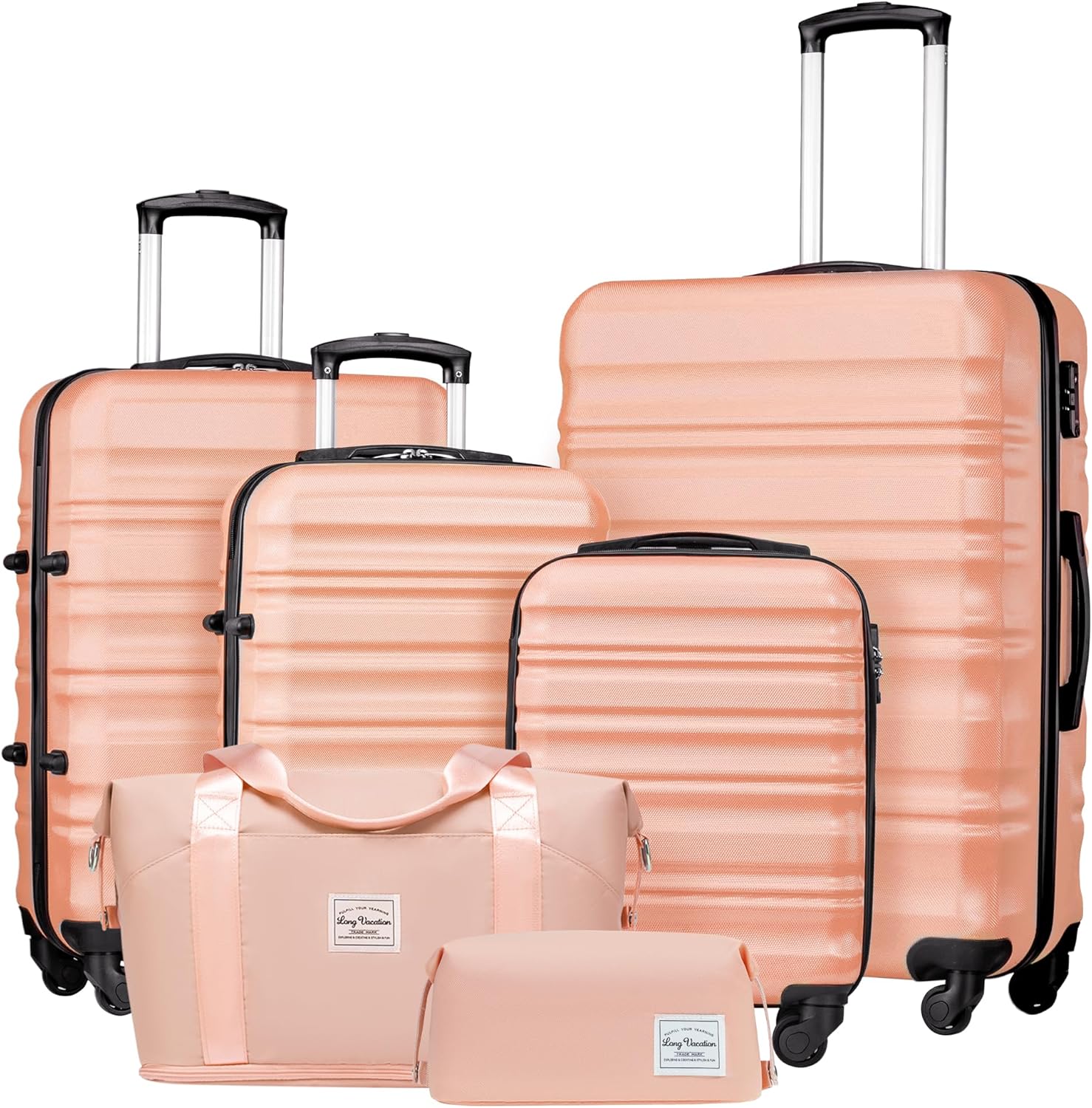 Ensemble de bagages LONG VACANCES 6 pièces : valise cabine rigide en ABS et PC, roulettes pivotantes et fermeture éclair YKK, cadenas TSA