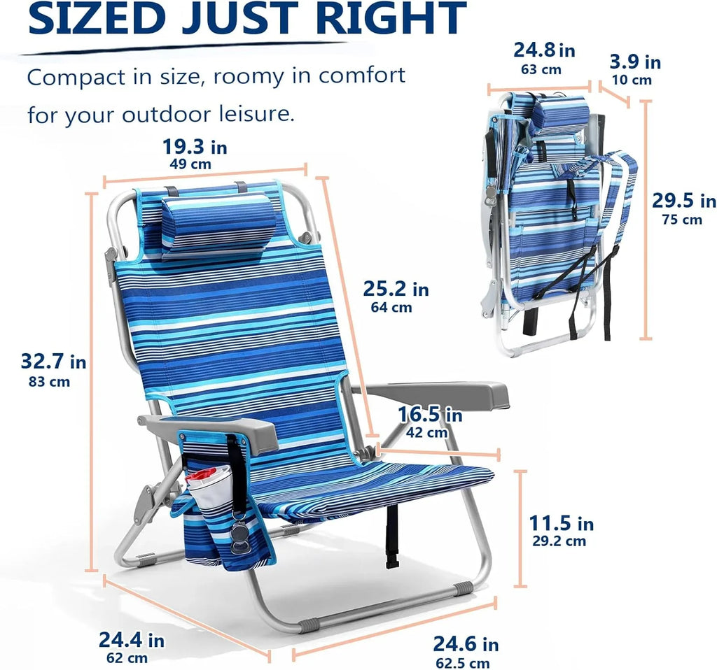 Lot de 2 chaises de plage compactes et portables pour adultes, en aluminium, 5 positions, avec pochette isotherme