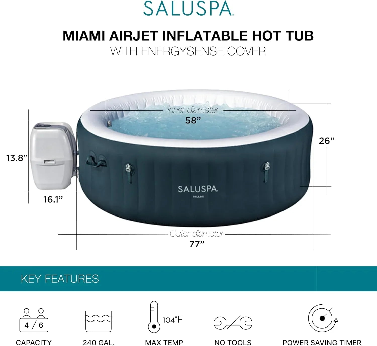 Spa gonflable rond SaluSpa Aruba AirJet, grand format, pour 2 à 3 personnes, portable, pour l'extérieur