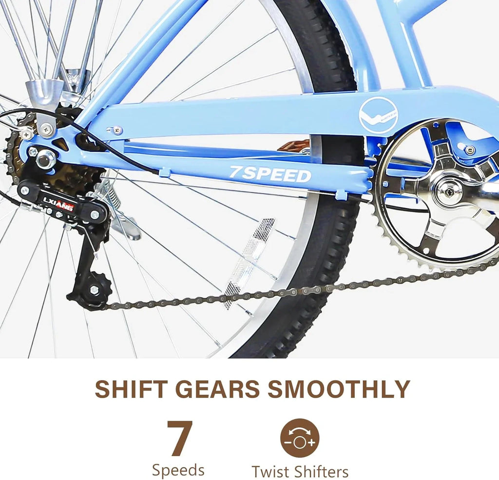 Vélo de plage WEIZE, vélo de ville adulte 26 pouces pour hommes et femmes, 7 vitesses, acier à haute teneur en carbone, garde-boue avant et arrière, vélo de ville confortable