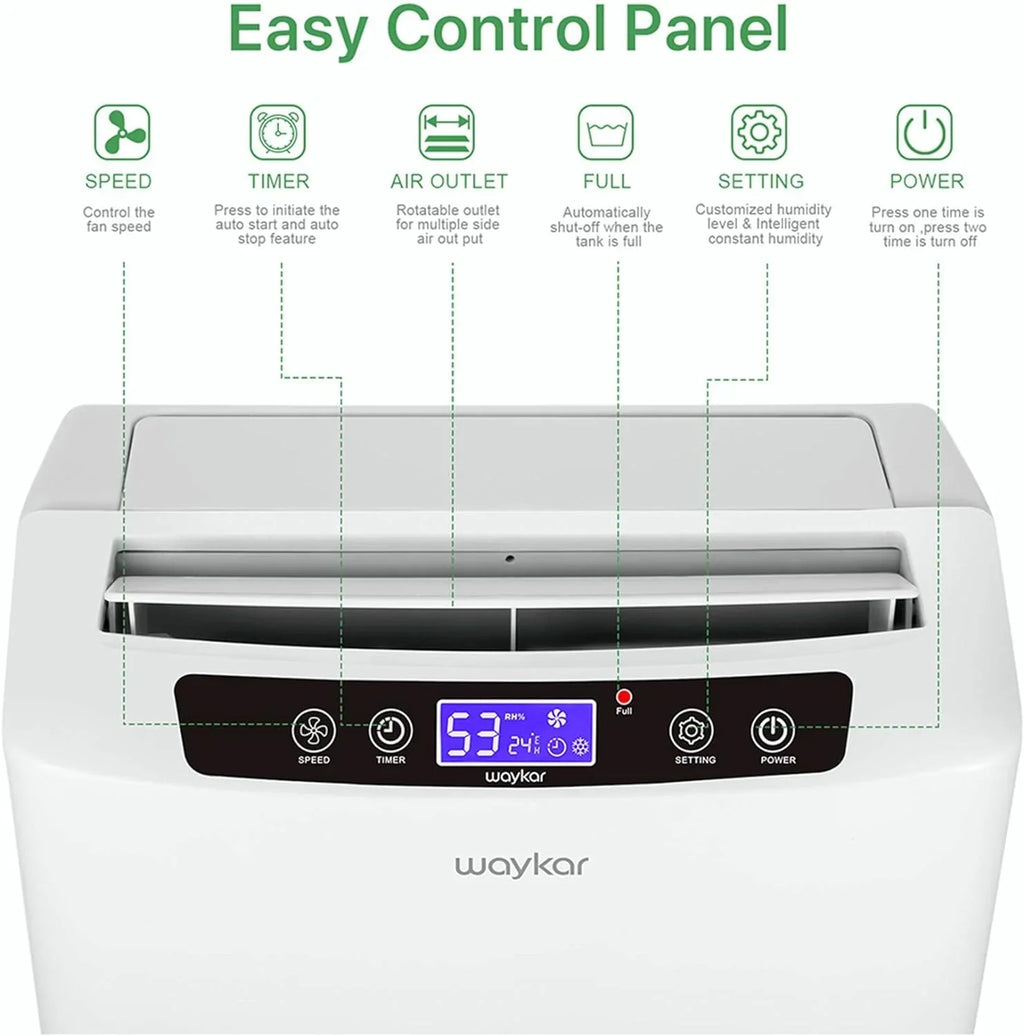 Déshumidificateur Waykar de 2 000 pi² pour la maison et les sous-sols, avec drainage automatique ou manuel, réservoir d'eau de 0,66 gallon