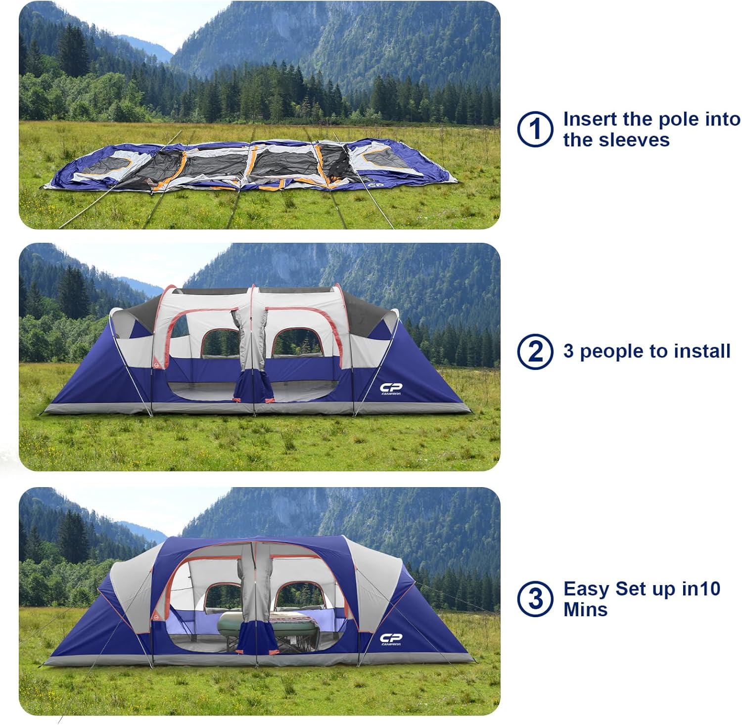Tente de camping CAMPROS CP pour 12 personnes, tente familiale 3 pièces, imperméable et coupe-vent avec double toit