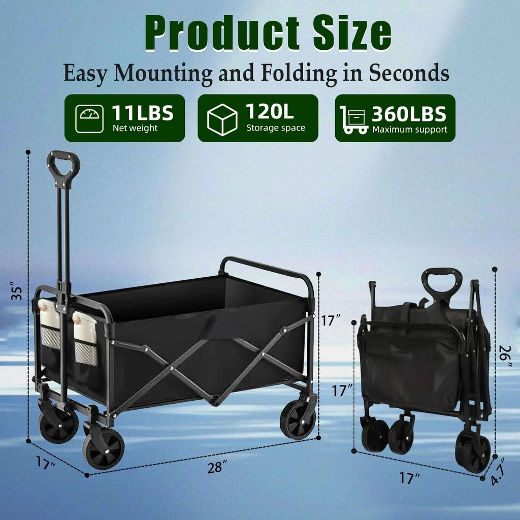 Chariot pliable à 4 roues, pliable, 37 pouces de long, capacité de 480 lb, chariot de plage robuste, chariot de courses avec roues