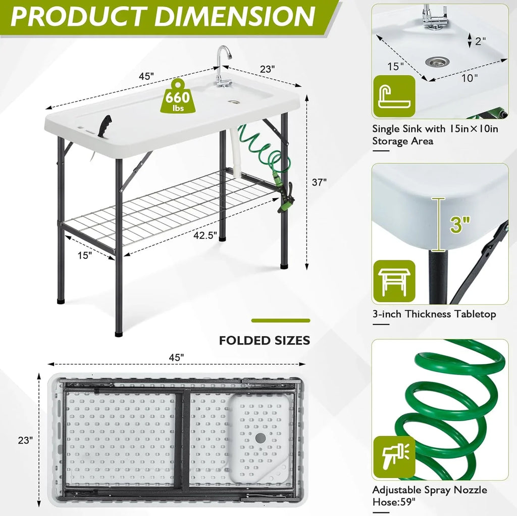 Station de nettoyage de poisson pliable, station d'évier de camping portable, station de nettoyage de filets de poisson d'extérieur