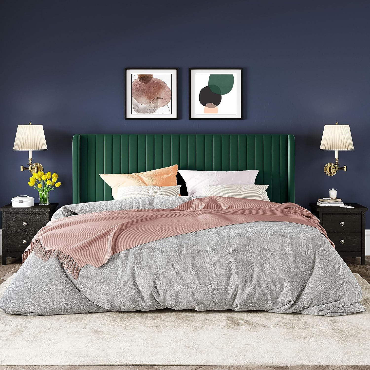 Cadre de lit Allewie en velours pleine grandeur/tête de lit capitonnée à oreilles verticales/lit plateforme rembourré/lattes en bois robustes