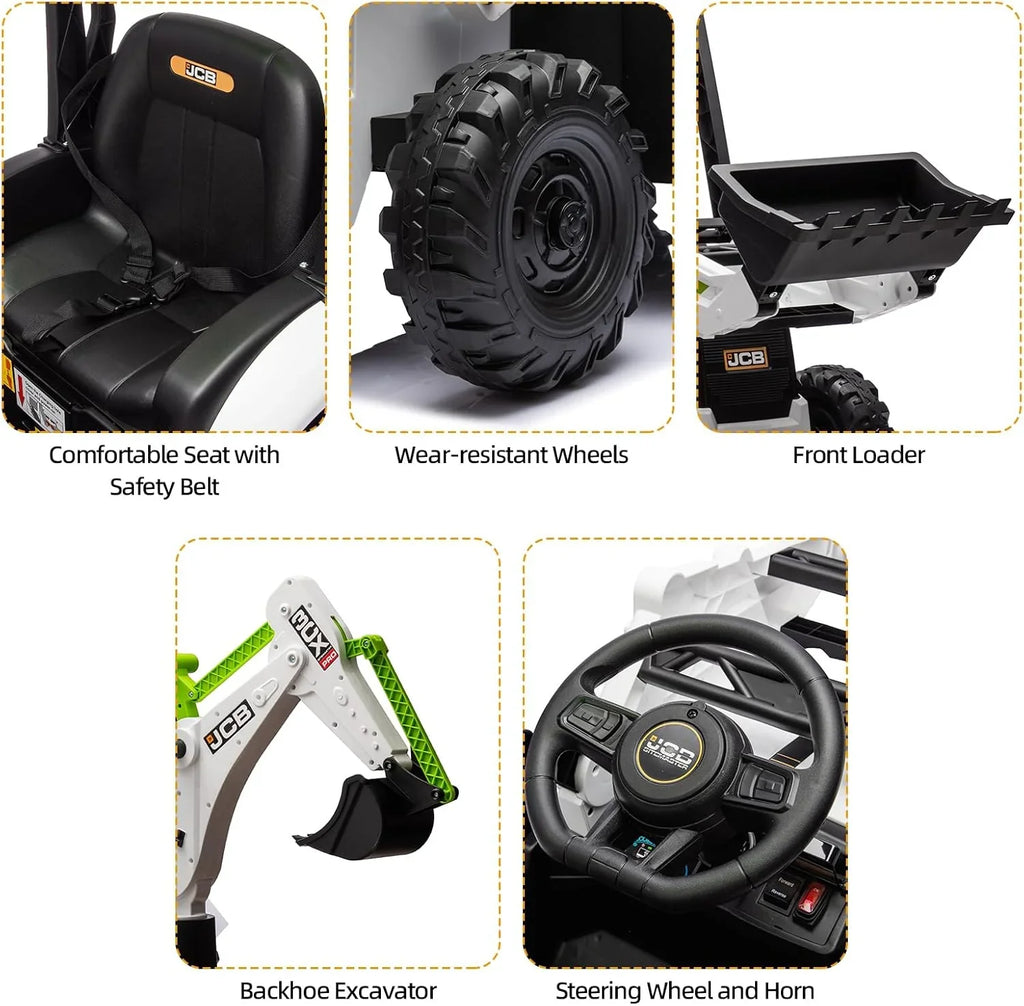 Pelleteuse autoportée JCB 12 V, jouet pour enfants de 4 à 8 ans, véhicule électrique pour enfants avec tracteur, bulldozer, bras de creusement et pelle rétrocaveuse.