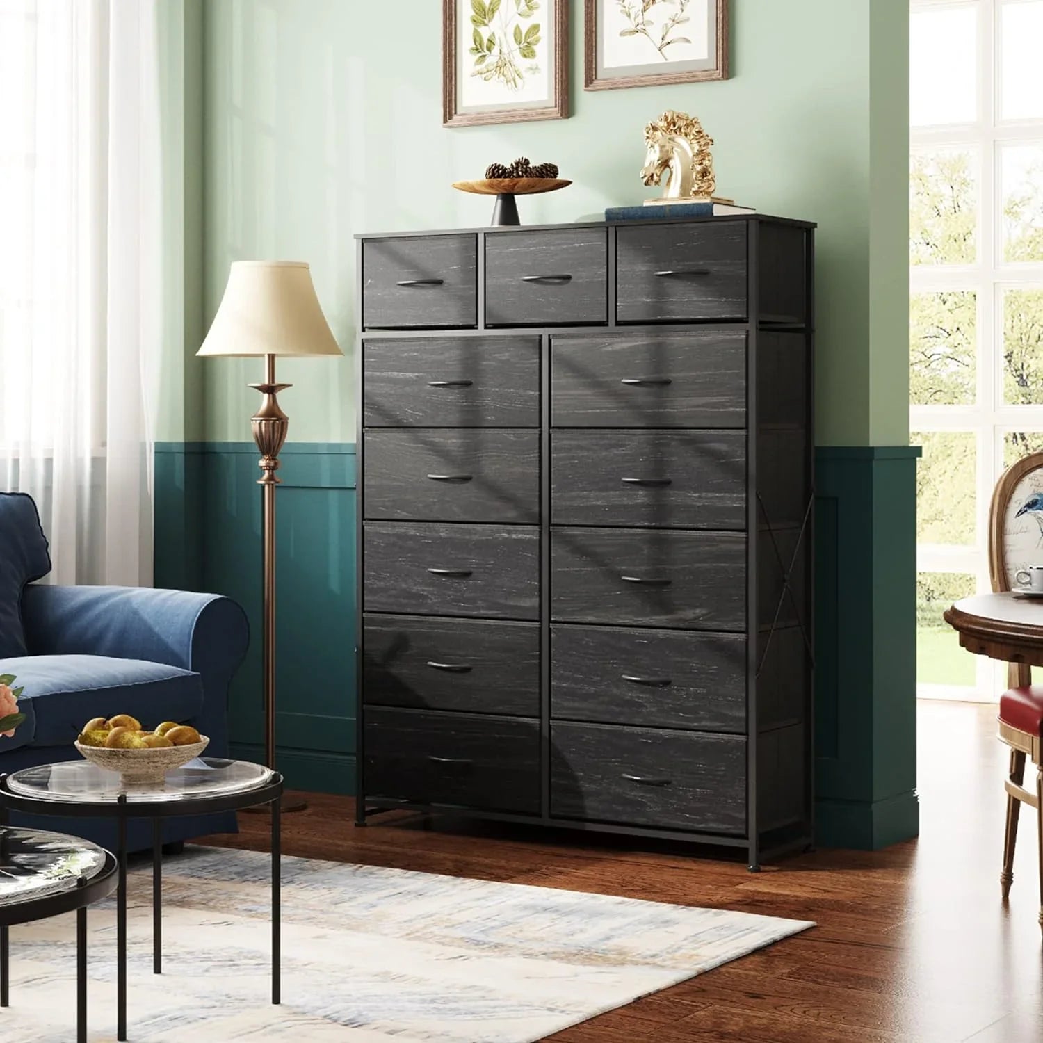 Meuble de rangement WLIVE avec 13 bacs en tissu, tiroirs de rangement avec cadre en acier, grande tour de rangement pour salon, couloir, bureau, noir anthracite
