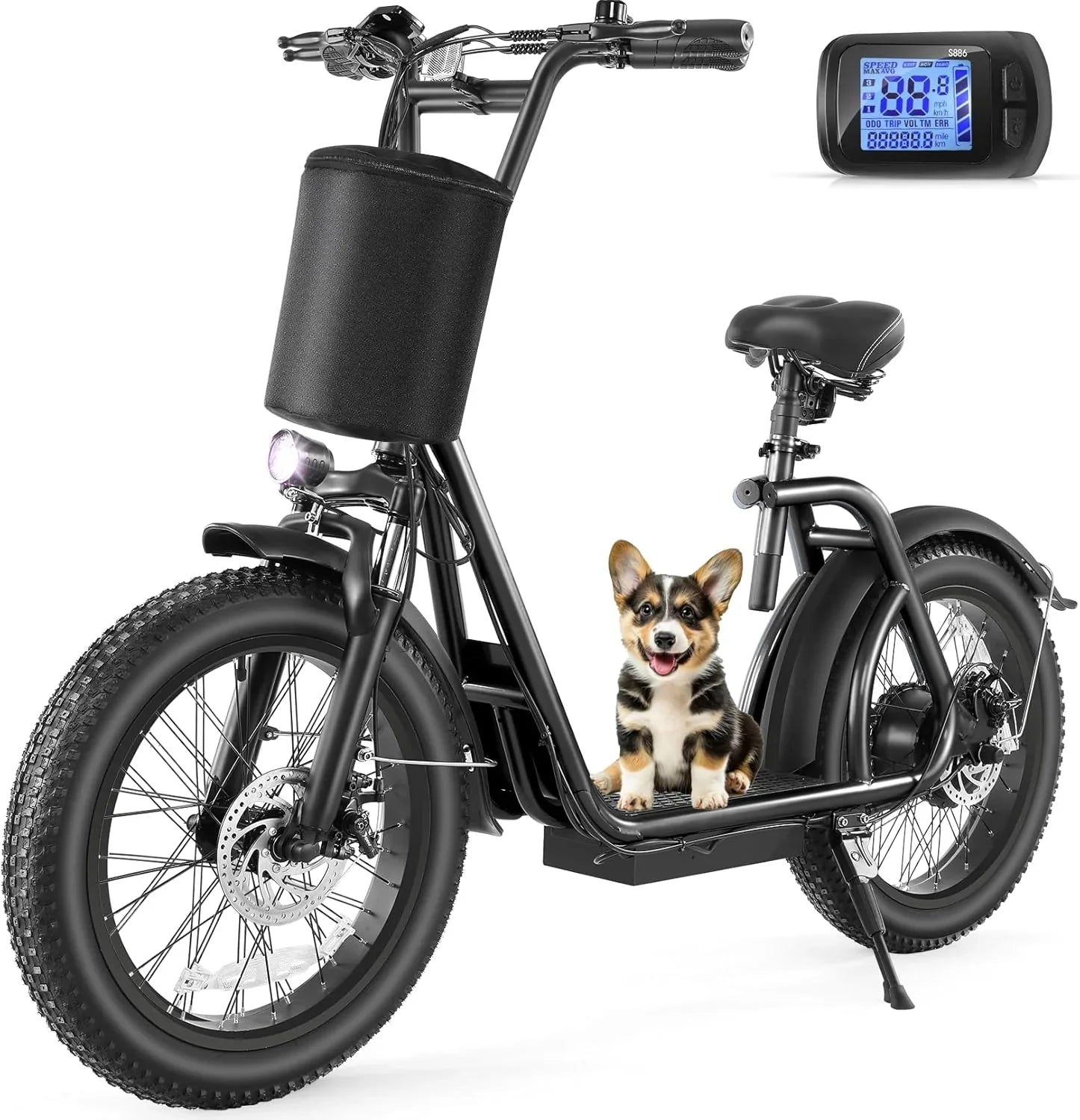 Trottinette électrique pliable Caroma Peak 800 W pour adulte avec pneus de 20 pouces de large, batterie 48 V, panier et siège réglable.