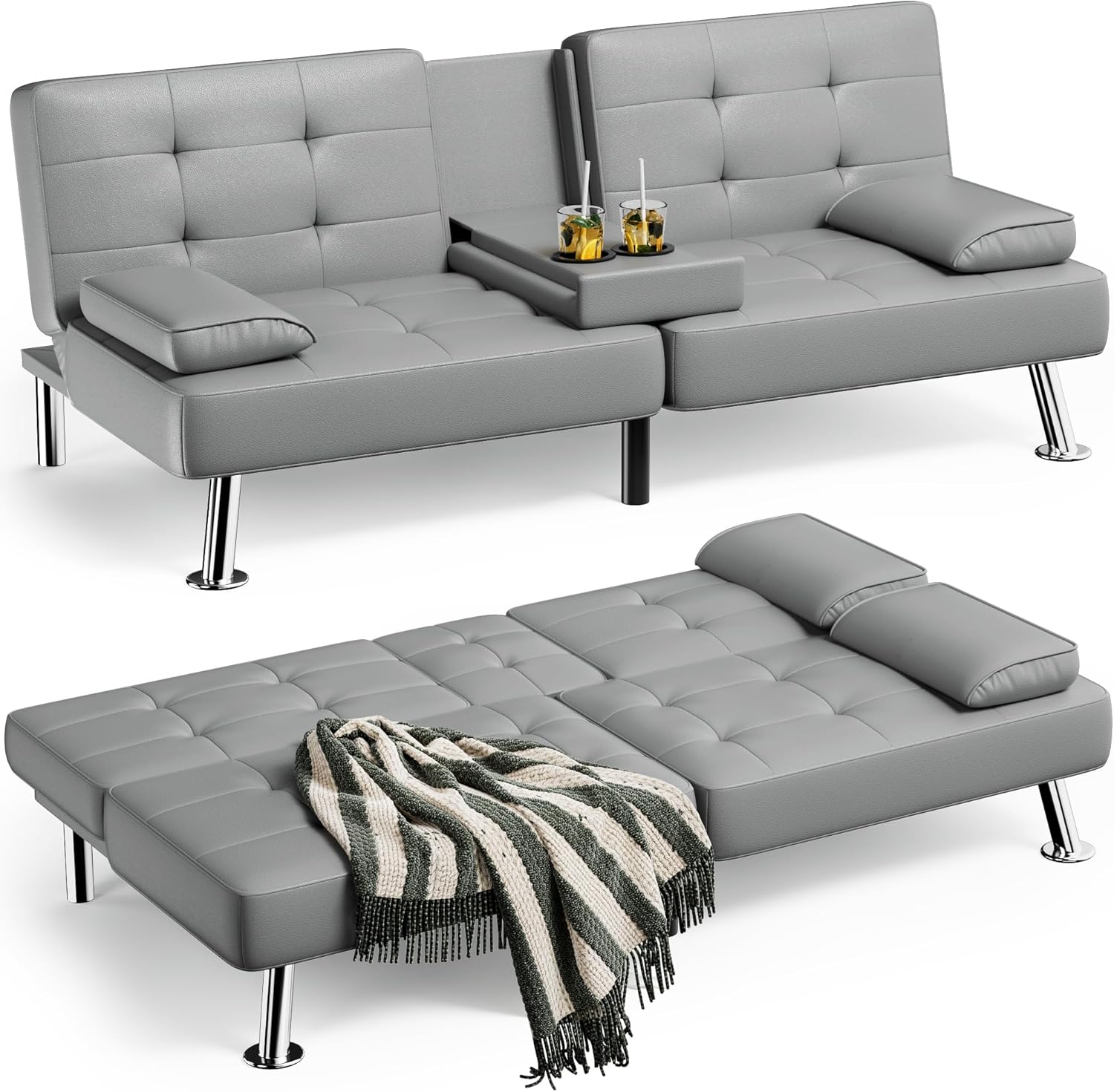 Canapé-lit futon Homall, canapé-lit futon en cuir avec accoudoirs amovibles, canapé-lit inclinable réglable avec deux porte-gobelets pour salon et appartement