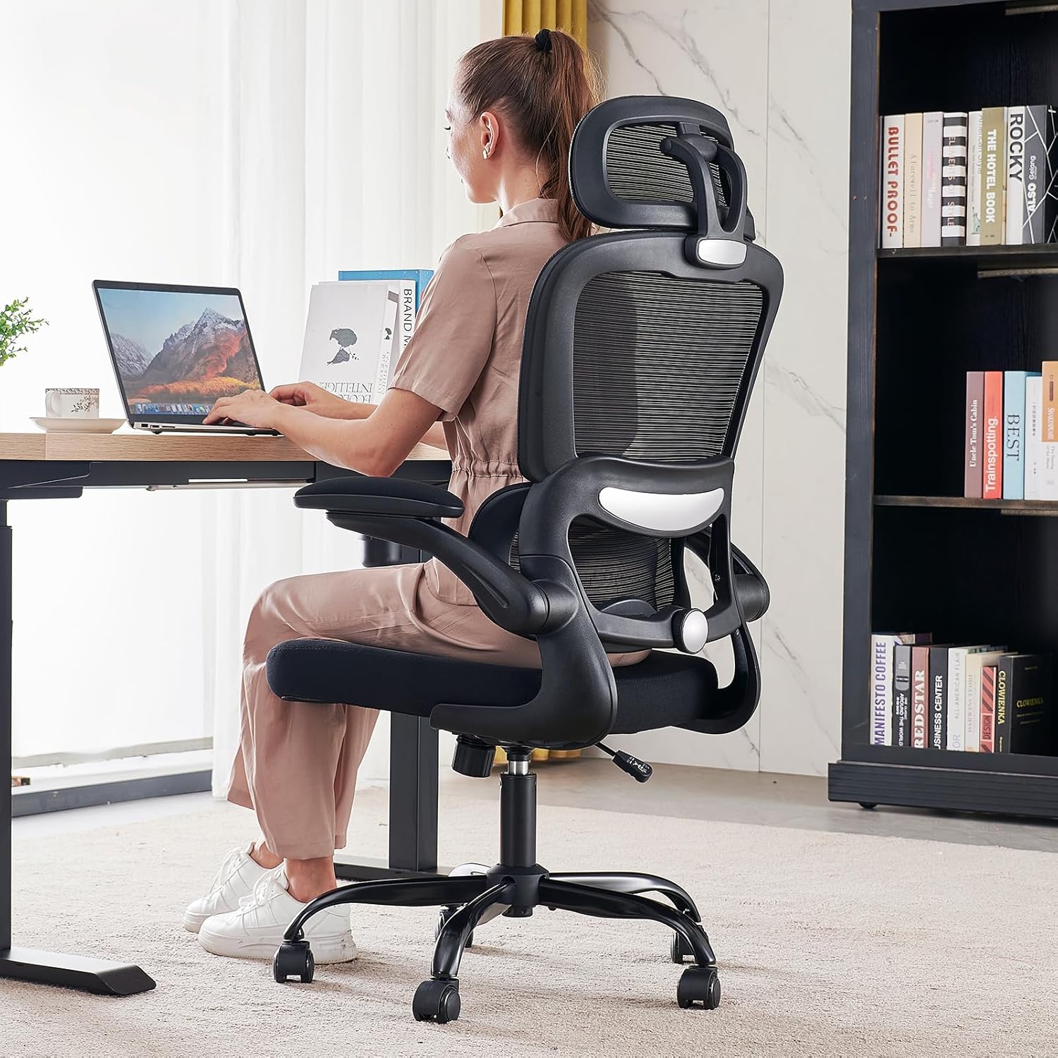 Chaise de bureau ergonomique, chaise de bureau en maille avec roulettes, capacité de charge de 150 kg, chaise de jeu confortable, dossier haut