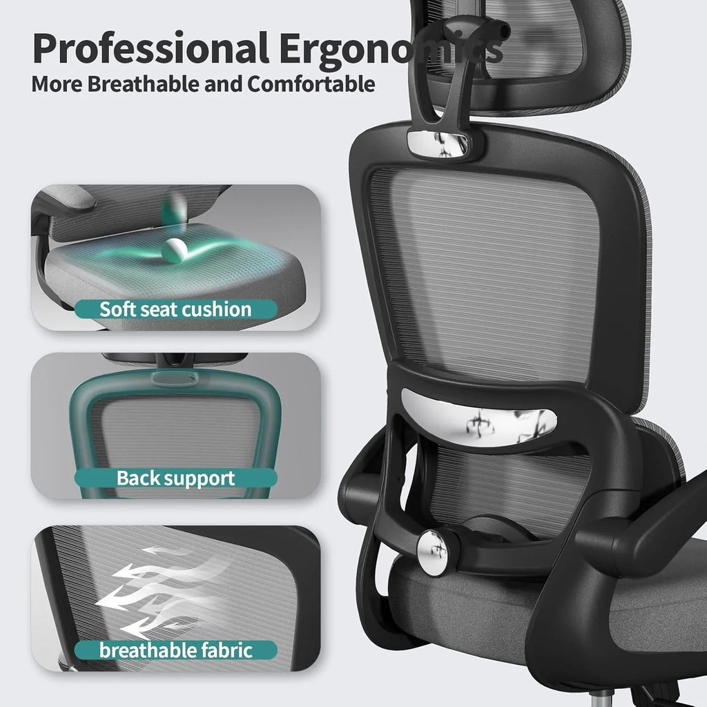 Chaise de bureau ergonomique, chaise de bureau en maille avec roulettes, capacité de charge de 150 kg, chaise de jeu confortable, dossier haut