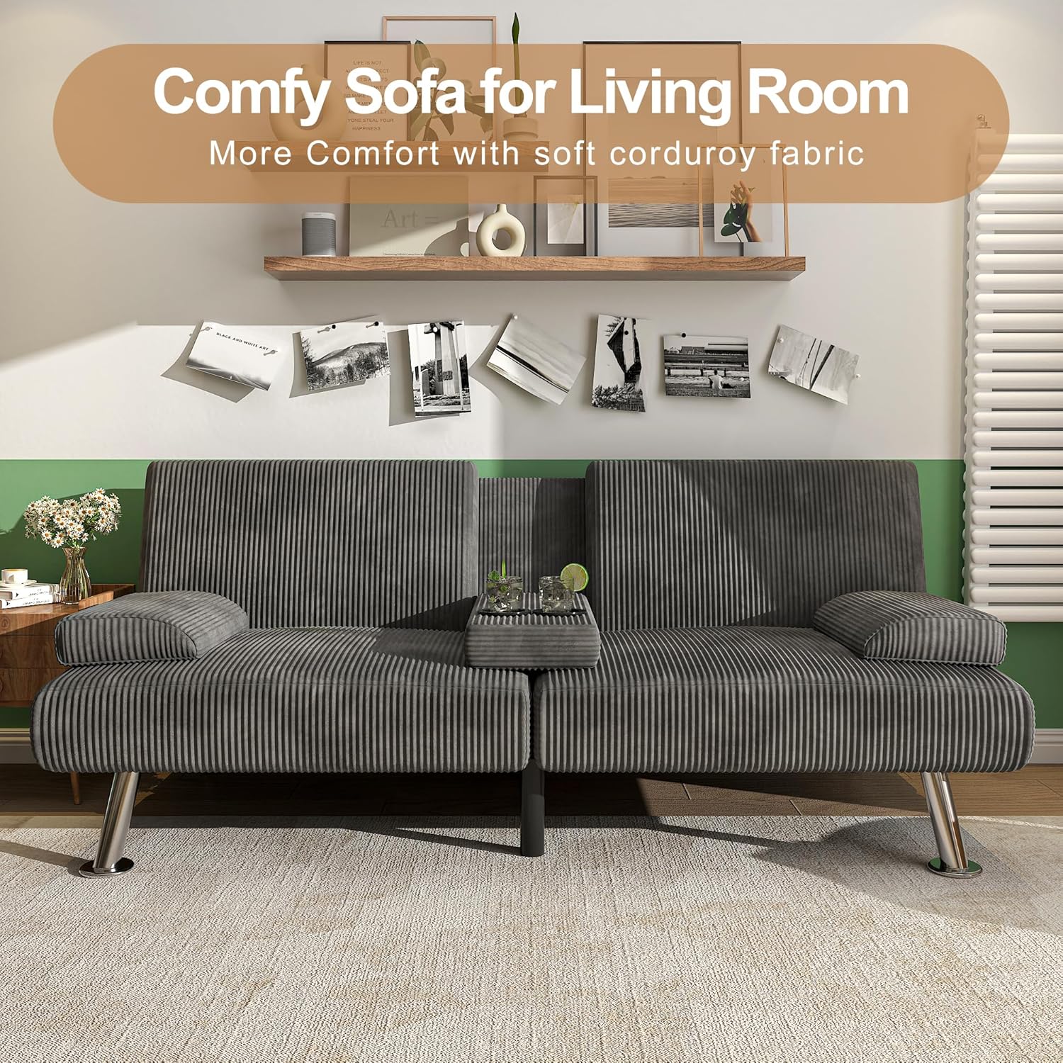 Canapé-lit futon convertible et pliable en lin moderne Shahoo avec accoudoirs amovibles, pieds en métal et 2 porte-gobelets pour le salon