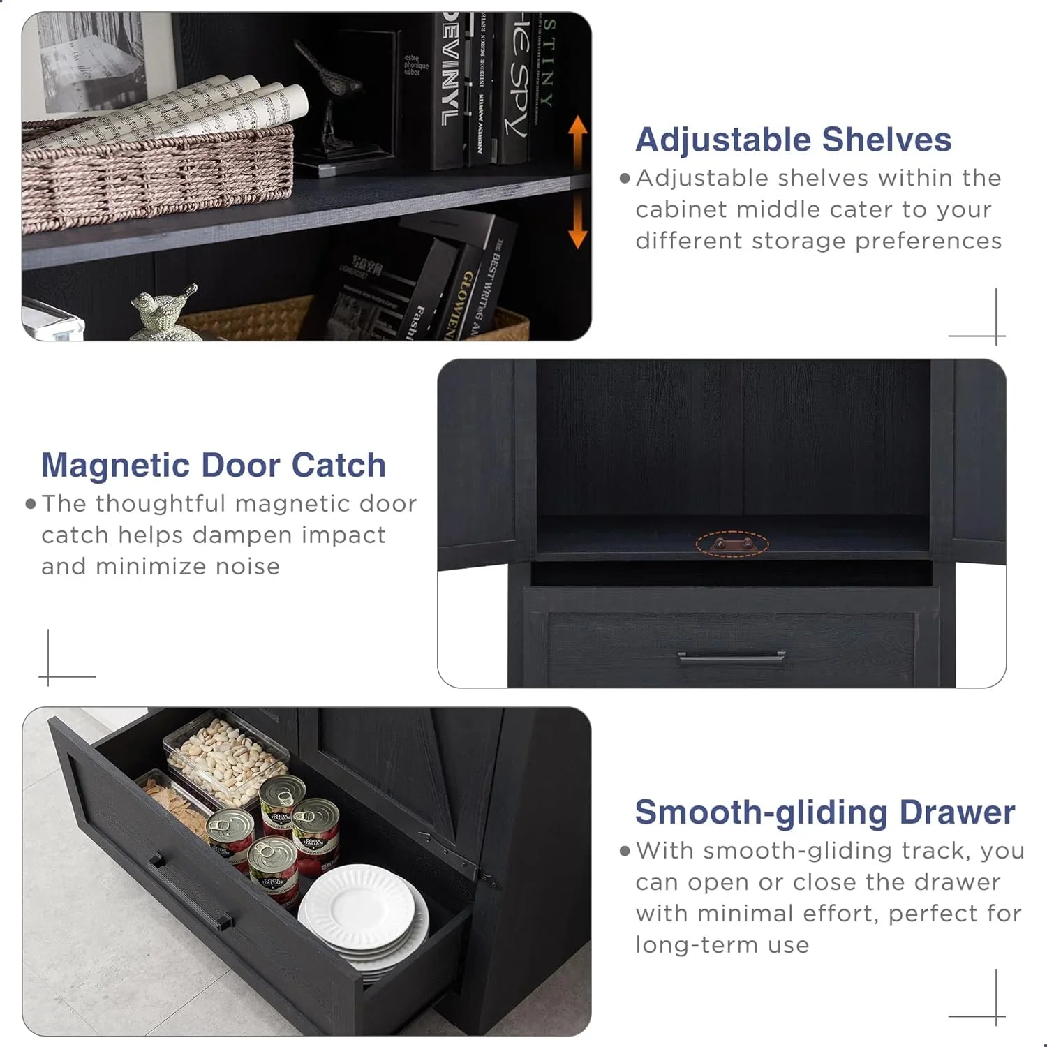 Garde-manger de cuisine de style ferme JXQTLINGMU - Armoire de rangement de cuisine en bois de 72 po de hauteur avec étagères réglables et 2 portes et tiroirs de style grange