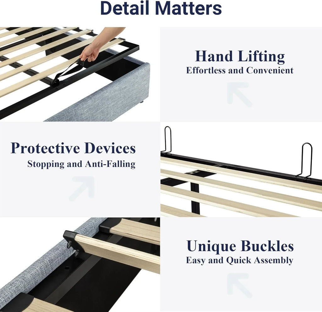 Lit queen-size relevable avec rangement Allewie, tête de lit à oreilles moderne et support hydraulique
