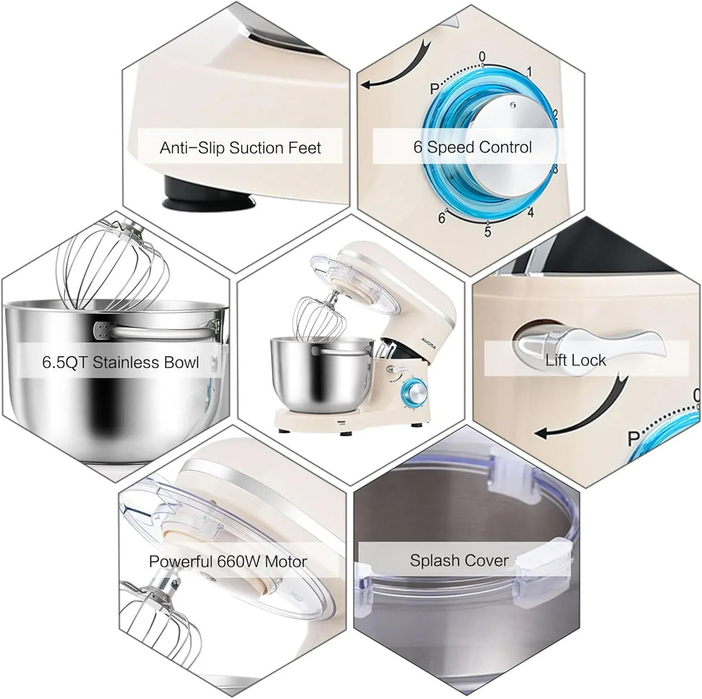 Batteur sur socle Aucma, 6,5 pintes, 660 W, 6 vitesses, tête inclinable, batteur électrique de cuisine avec crochet pétrisseur