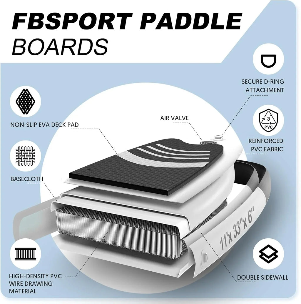 Planche de stand up paddle FBSPORT Premium 11', planche de yoga, contrôle du surf, pont antidérapant, attache, pagaie et pompe