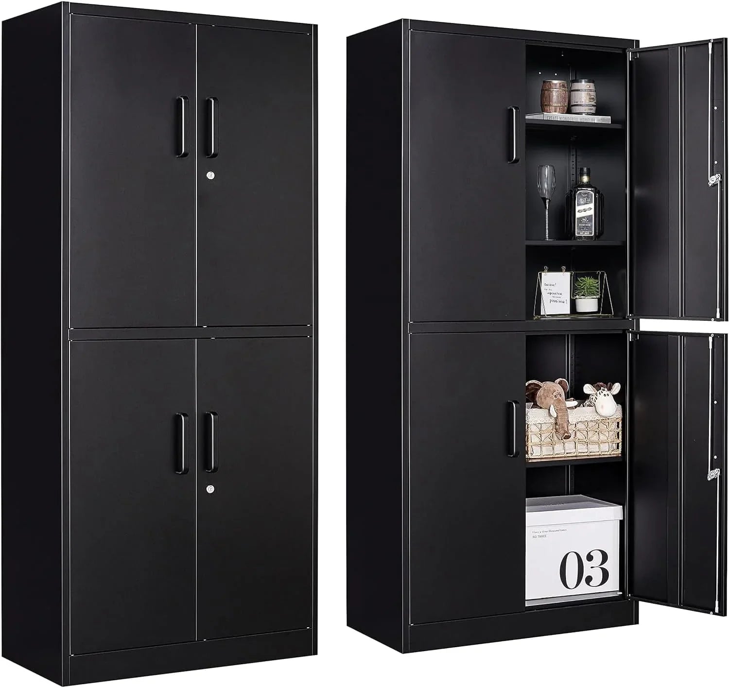 Armoire de rangement en métal avec 2 portes et 6 étagères, armoire en métal noir avec serrure, armoire de rangement verrouillable pour garage de 71 pouces