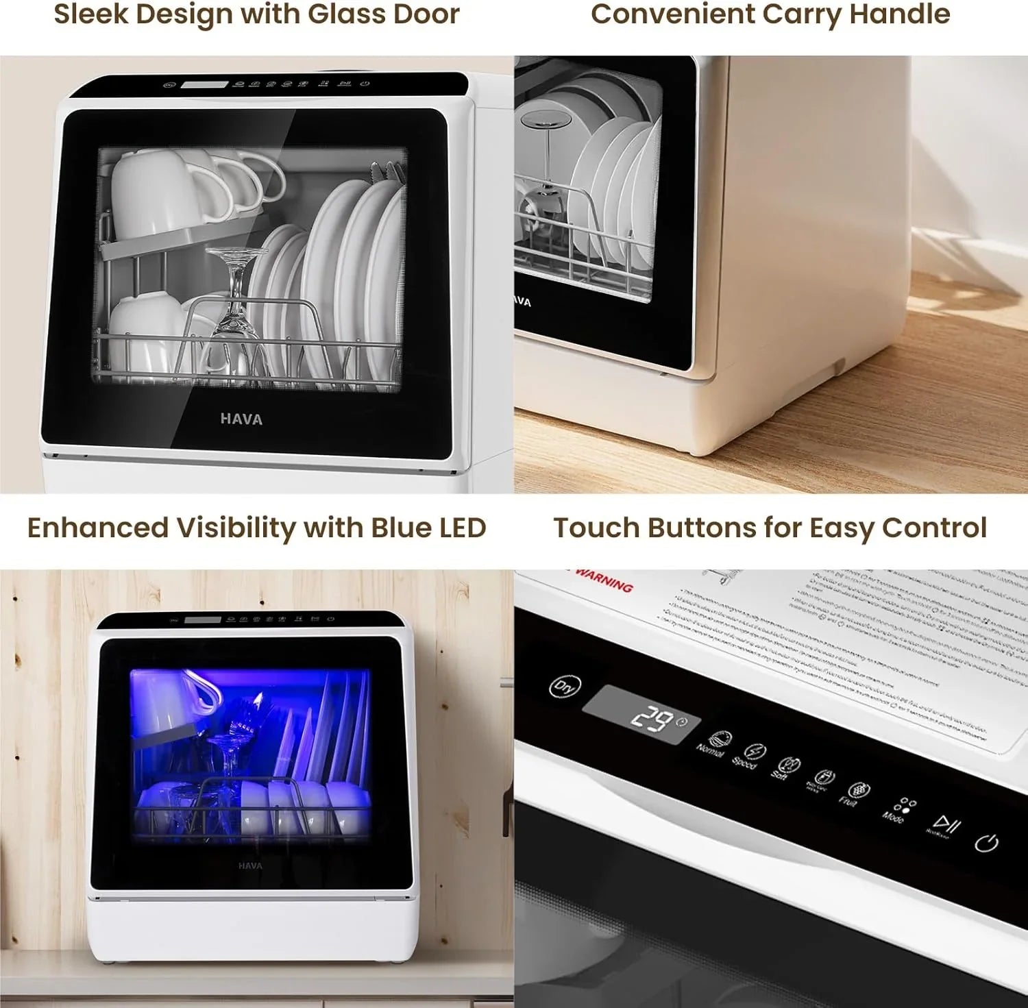 Lave-vaisselle de table HAVA, lave-vaisselle portable 6 programmes avec réservoir d'eau intégré de 5 litres