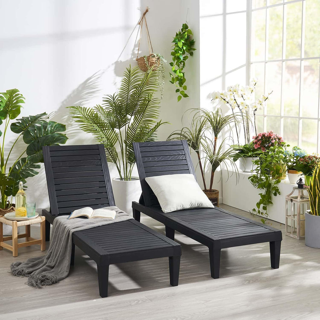 Chaises de patio - Ensemble de 2 chaises longues noires pour l'extérieur, chaise longue de jardin légère