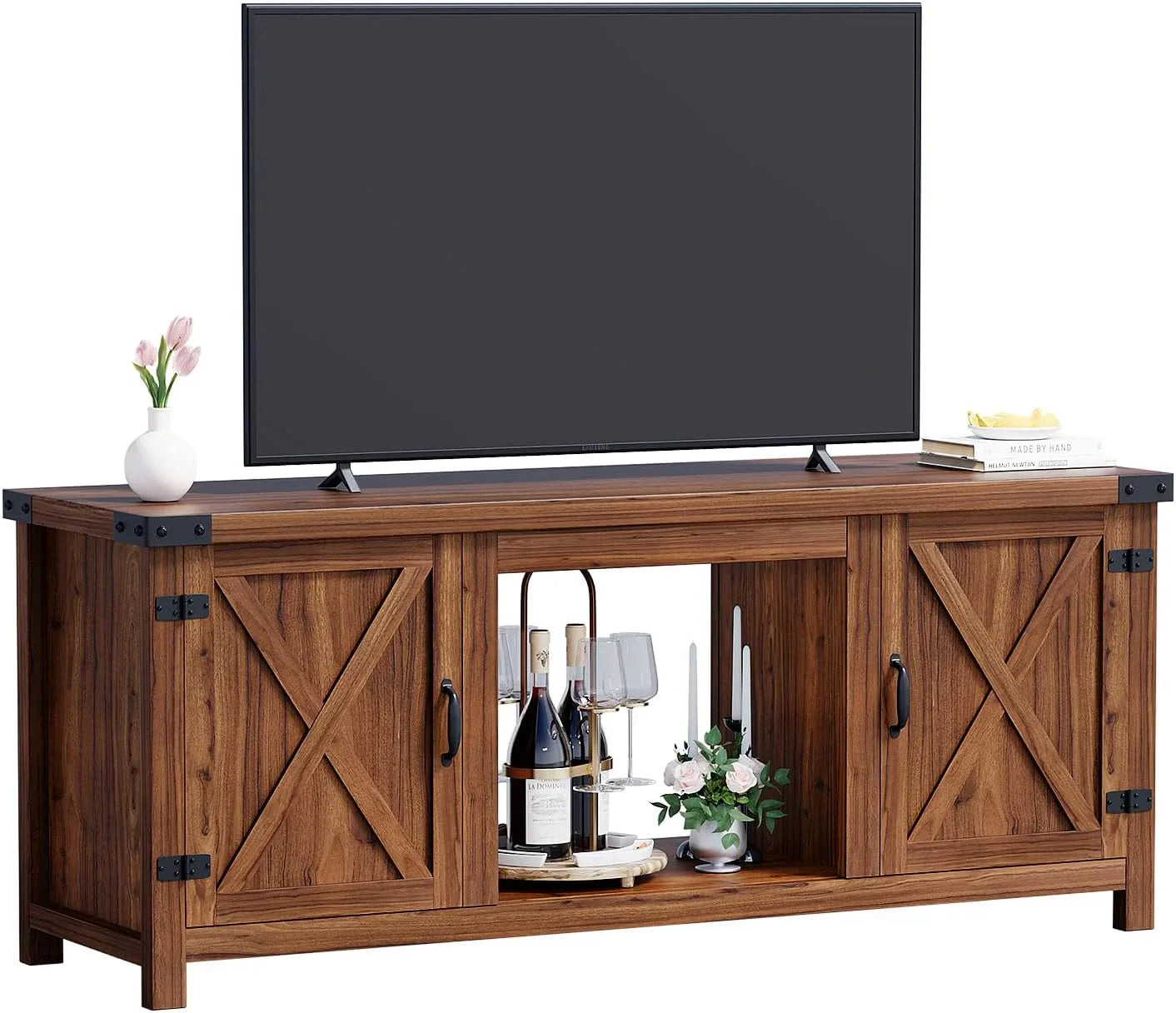 YESHOMY Meuble TV avec cheminée et deux portes de grange, armoires de rangement pour téléviseurs jusqu'à 65 pouces et plus, console de divertissement, meuble multimédia pour salon, 58 pouces