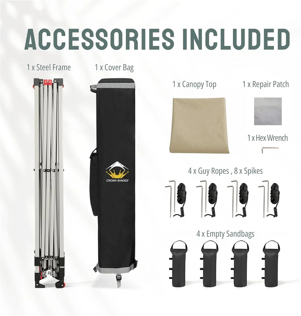 Auvent pop-up 10x10 - Installation en un clic - Tente de plage - Parasol extérieur avec dessus argenté, 3 hauteurs et 4 poches à sable