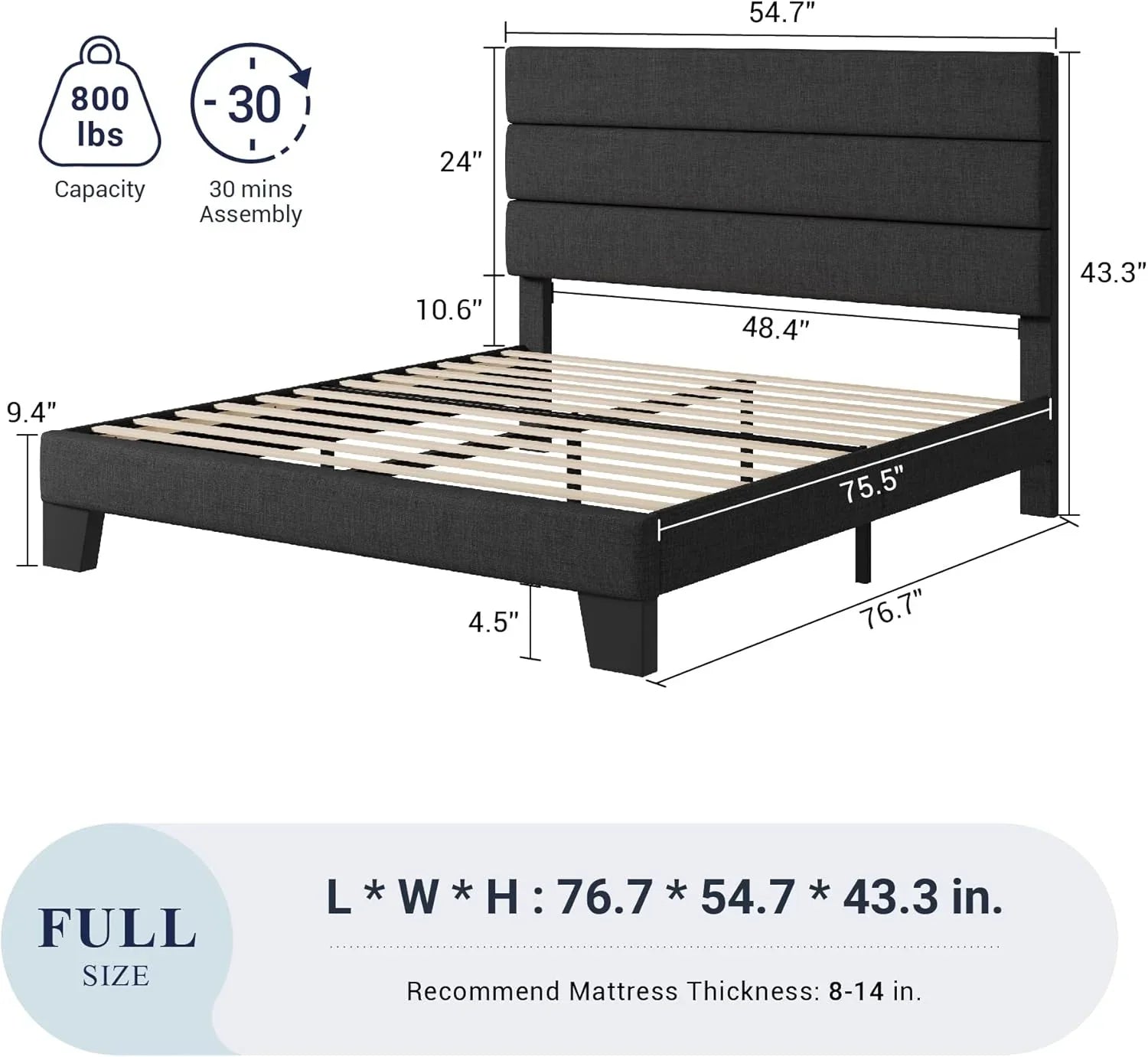 Cadre de lit plateforme Allewie Queen Size avec tête de lit rembourrée en tissu et support à lattes en bois, sommier entièrement rembourré (pas besoin de sommier)