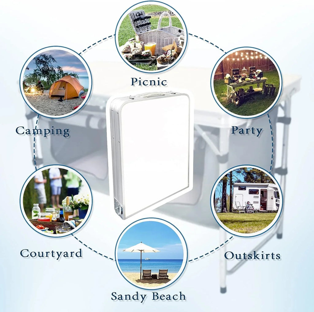 Table pliante d'extérieur en aluminium, légère, réglable en hauteur, avec rangement, pour barbecue, fête, camping