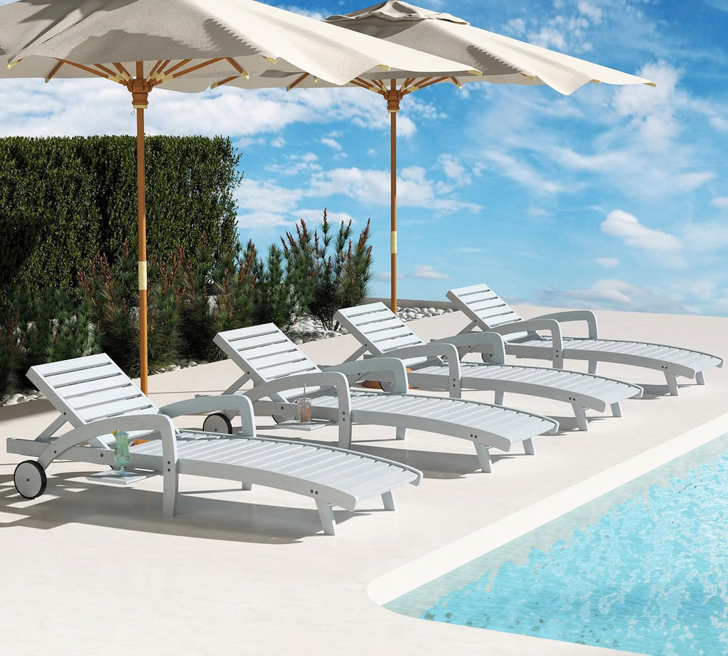 Chaise longue de piscine réglable à 5 positions Chaise longue en bois avec table d'appoint coulissante