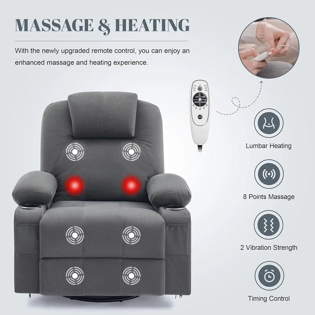 Grand fauteuil inclinable pivotant à bascule avec fonction chauffage et massage, canapé simple pivotant à 360 degrés