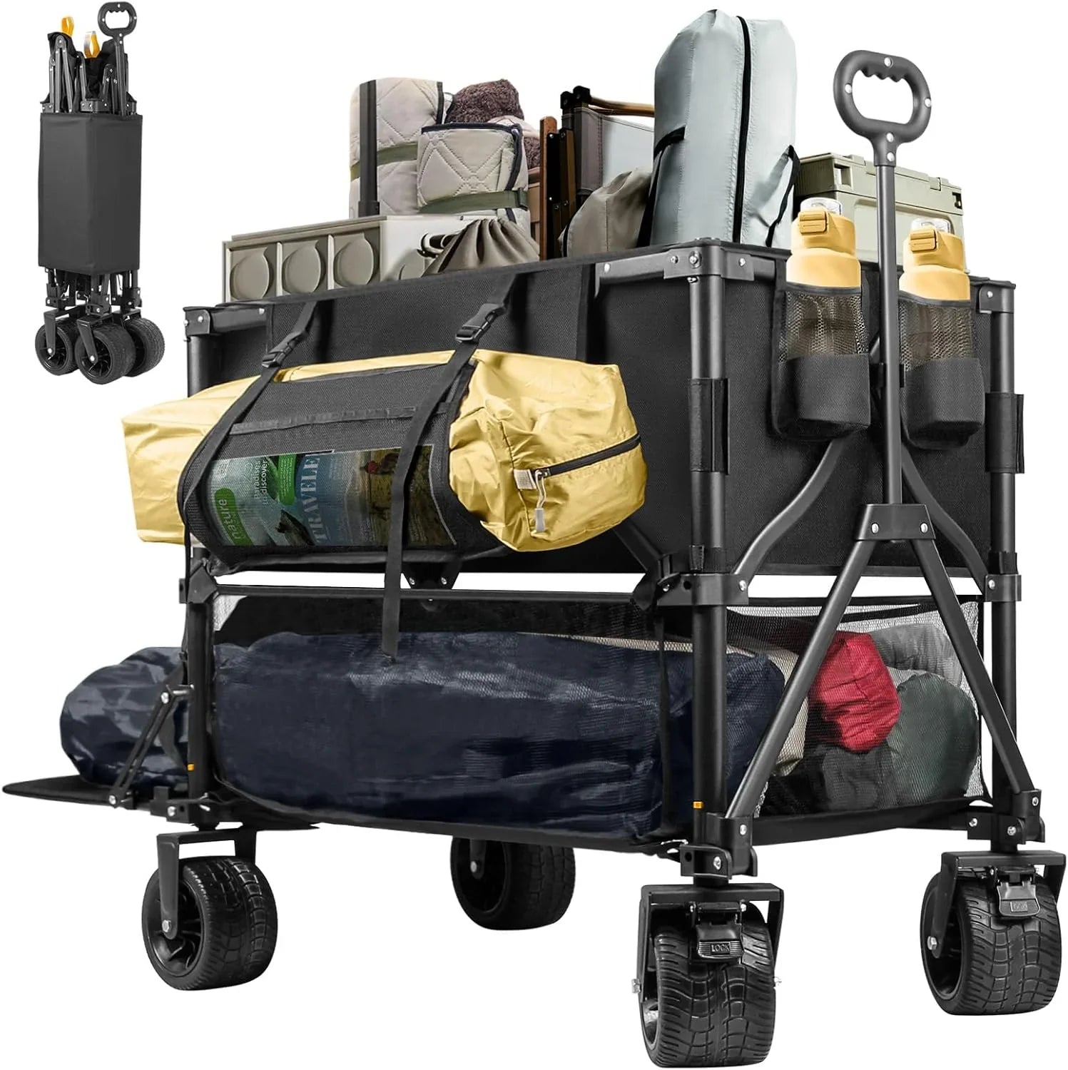 Chariot à deux étages, capacité de 600 lb et chariot de sport pliable de 400 L avec grandes roues, chariot utilitaire pliable extensible de 54 po