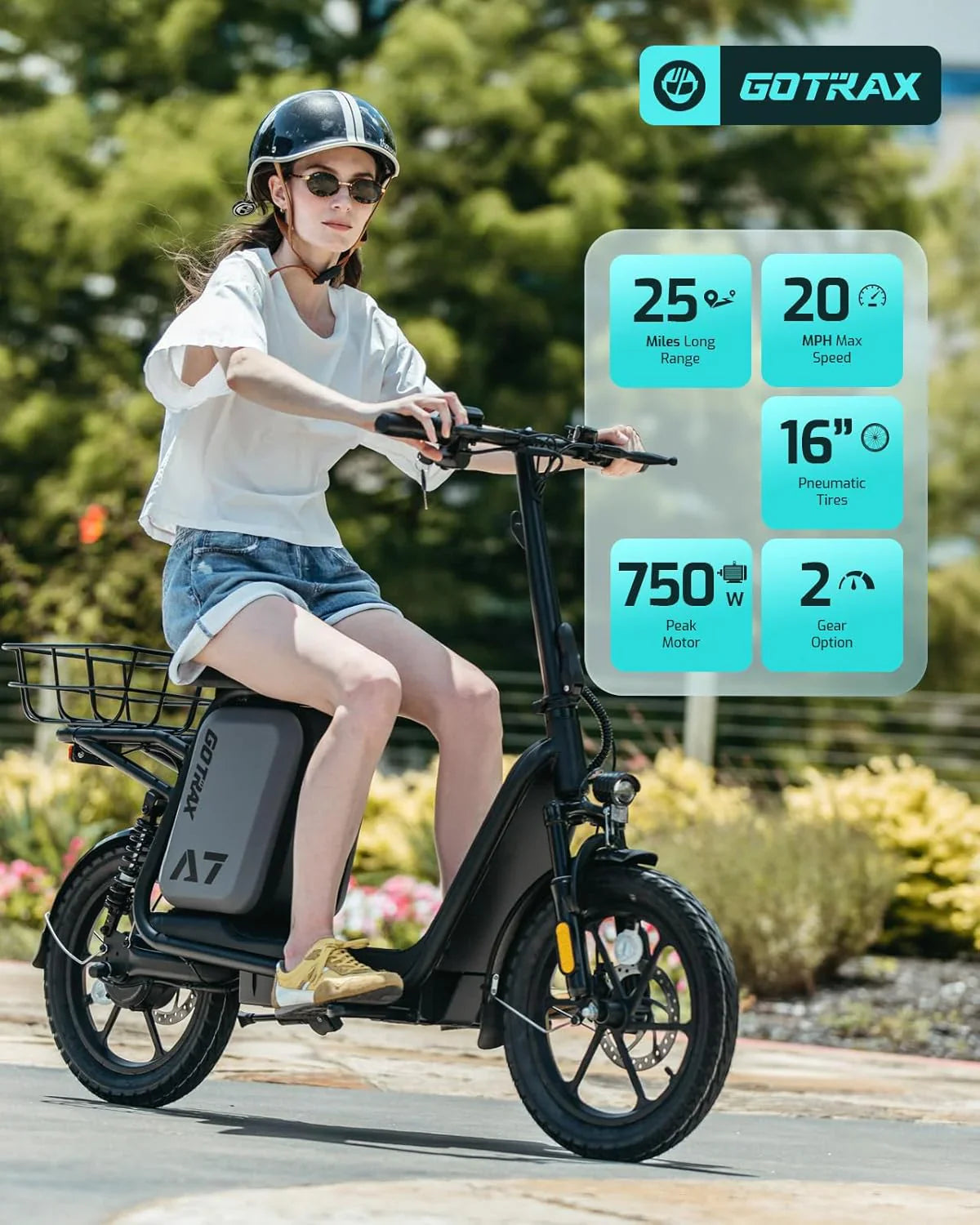 Trottinette électrique adulte Gotrax avec siège, autonomie maximale de 19 à 25 miles, pneus tout-terrain, pédales larges, siège rembourré et nacelle