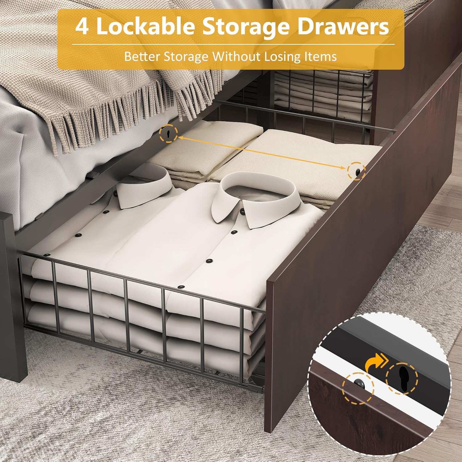 Cadre de lit Queen Lifezone avec tête de lit double et plateau de rangement en métal