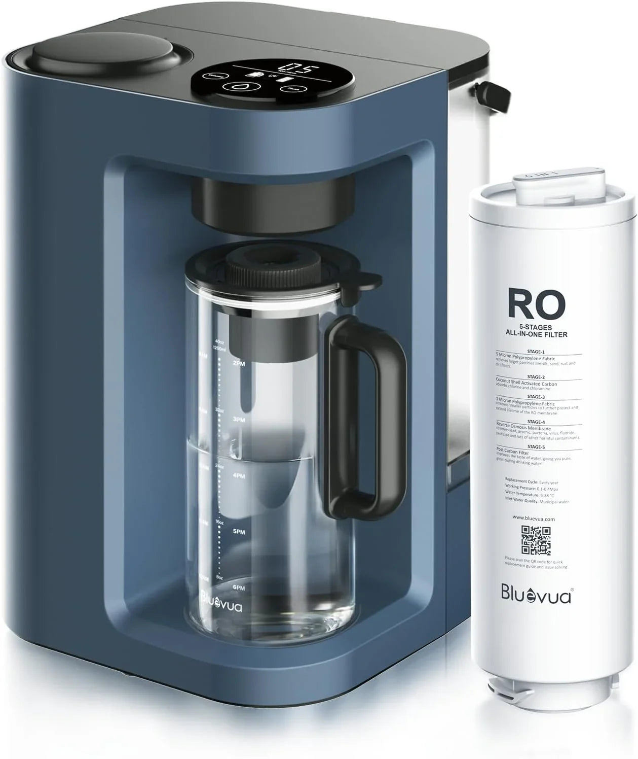 Système d'osmose inverse Bluevua RO100ROPOT-Lite (UV), purificateur d'eau de comptoir, purification en 7 étapes, avec fonctions UV et de reminéralisation, surveillance du TDS et de la durée de vie du filtre